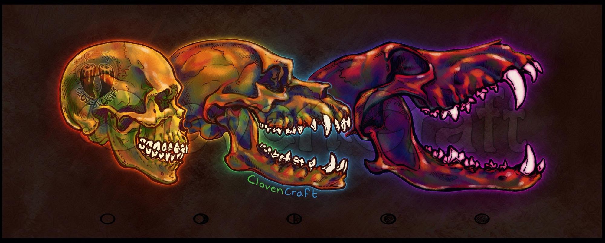 A yellow-gold human skull stares to the left, where it rapidly transitions into to strange bronze-orange hybrid. This hybrid form bridges to its third and final form— a blood-red wolf skull, maw agape in anticipation. The whole of werewolf skulls' transition is washed in a rainbow spectrum of light. Below them rests subtle hieroglyphs of the moon's phases.