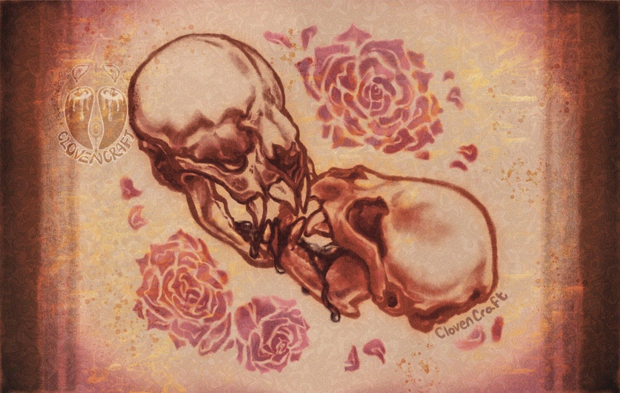 The illustration is laid out a on warm golden-tan background, much like aged parchment. Dusty pink roses and their fallen petals frame two strange looking skulls— the skulls of vampire bats. Their distinctly pointed fangs interlock in a bloody kiss as one bat nourishes the other. The dark fluid flows and drips like ichor from their open jaws. 