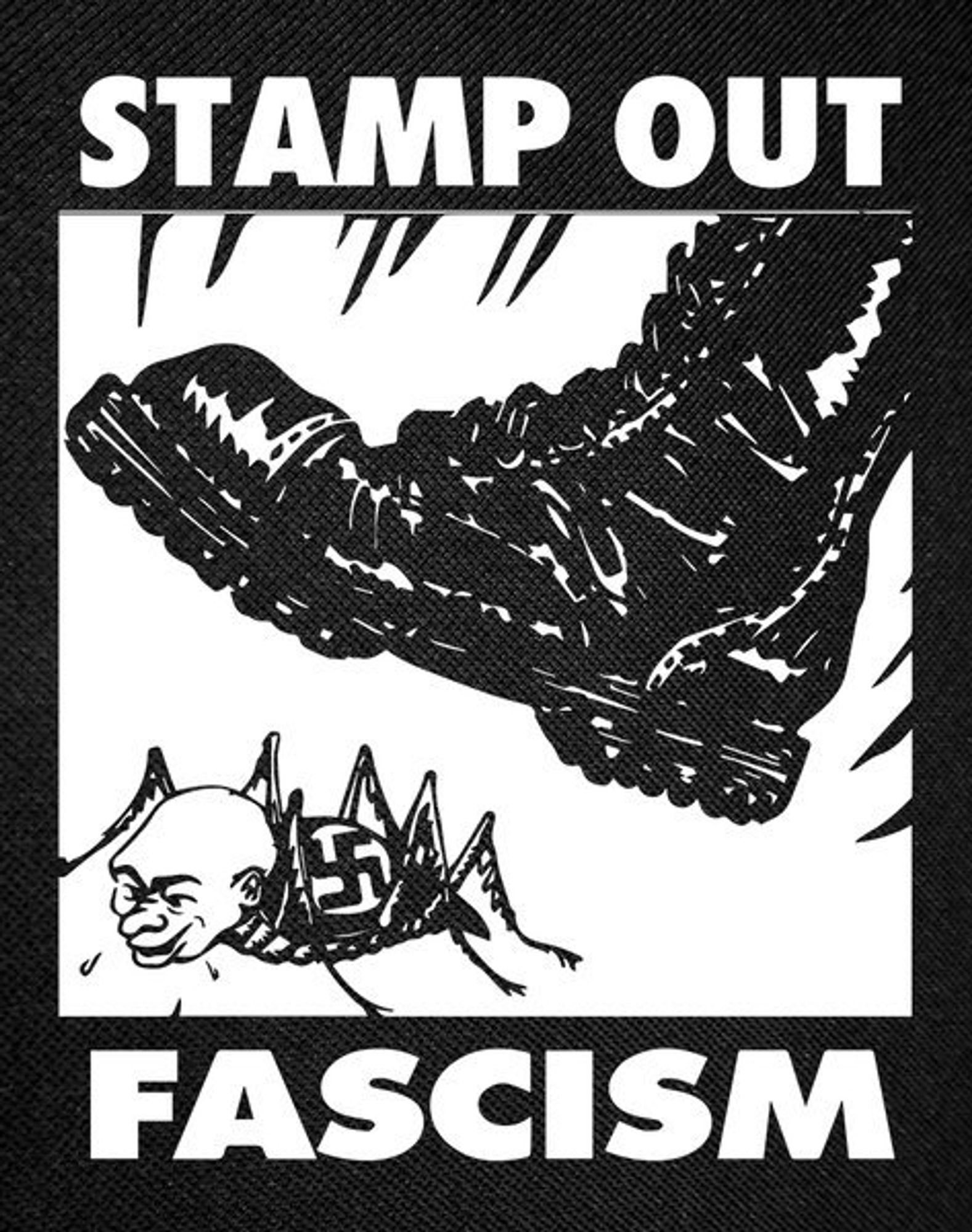 stiefel zertritt ne spinnen mit hakenkreuz und glatzkopf.
text: stamp out fascism