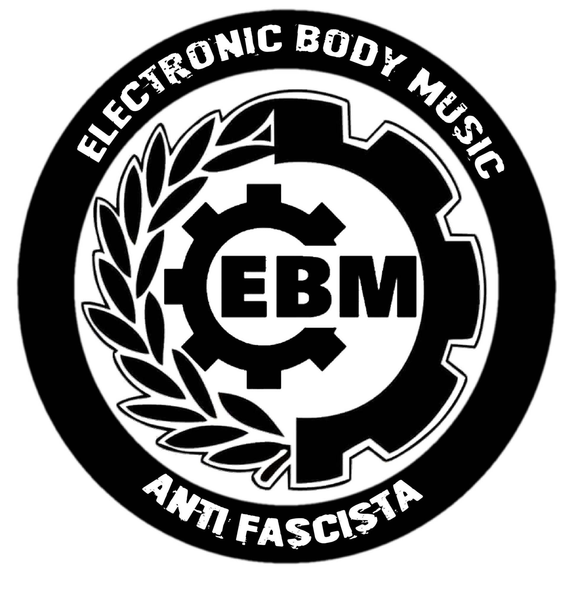 zahn und ährenkränze im kreis, mitte steht EBM, drumrum electronic body music antifascista