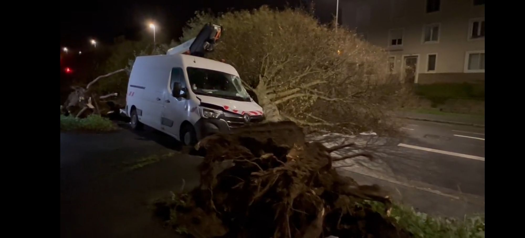 entwurzelter baum quer auf der strasse, ein kaputter transporter