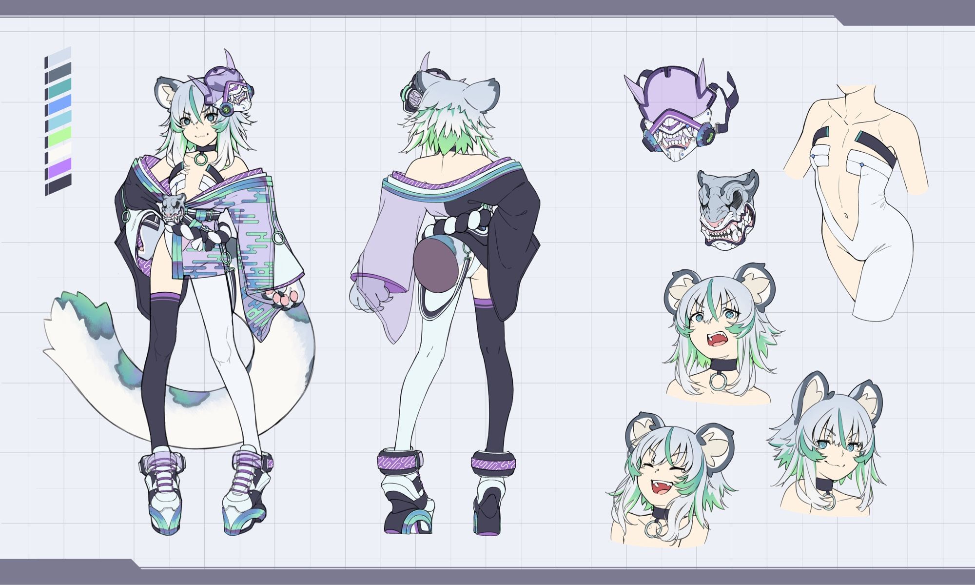 A character sheet made by @POPOLOCROITS on Twitter with a front and back view of my VTuber. A snow leopard cat girl wearing a white body suit with one attached leg also in white, a black stocking on the other leg, and wearing a streetwear & hanfu inspired purple & black split colour jacket with aurora patterns and semi transparency on the purple side. She also wears a black choker with a green ring, and a purple oni mask. The rest of the art outlines her various expressions, what she looks like without her jacket, a front & back view, her colour palette, and some accessories. She has a big tail with white fur on the bottom, and grey on top with aurora coloured leopard spots. If you’re a screen reader user reading this, feel free to ask in the comments if you need a better description!