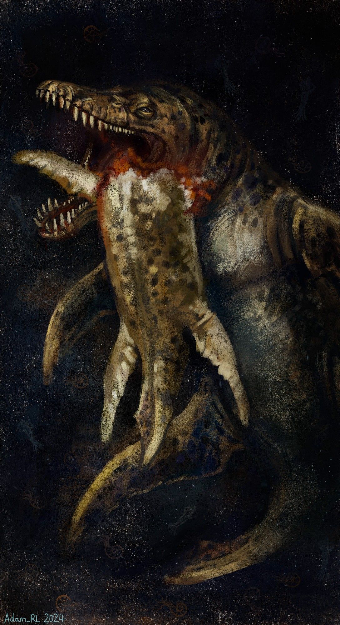 A gigantic (10+ metre-long) Kronosaurus has its huge jaws around the lifeless, freshly decapitated body of a juvenile of the same species in the dark gloom of the Early Cretaceous ocean.
.
This piece is a (very unsubtle) homage to this incredibly iconic and terrifying painting by Francisco Goya; "Saturn Devouring His Son" (1819–1823). In Greek mythology, Cronus, a.k.a Cronos, Kronos or Saturn (Roman equivalent) overthrew his father, Uranus, and became king of the Gods. After learning that he was destined to be overcome by his children, he devoured them as soon as they were born.