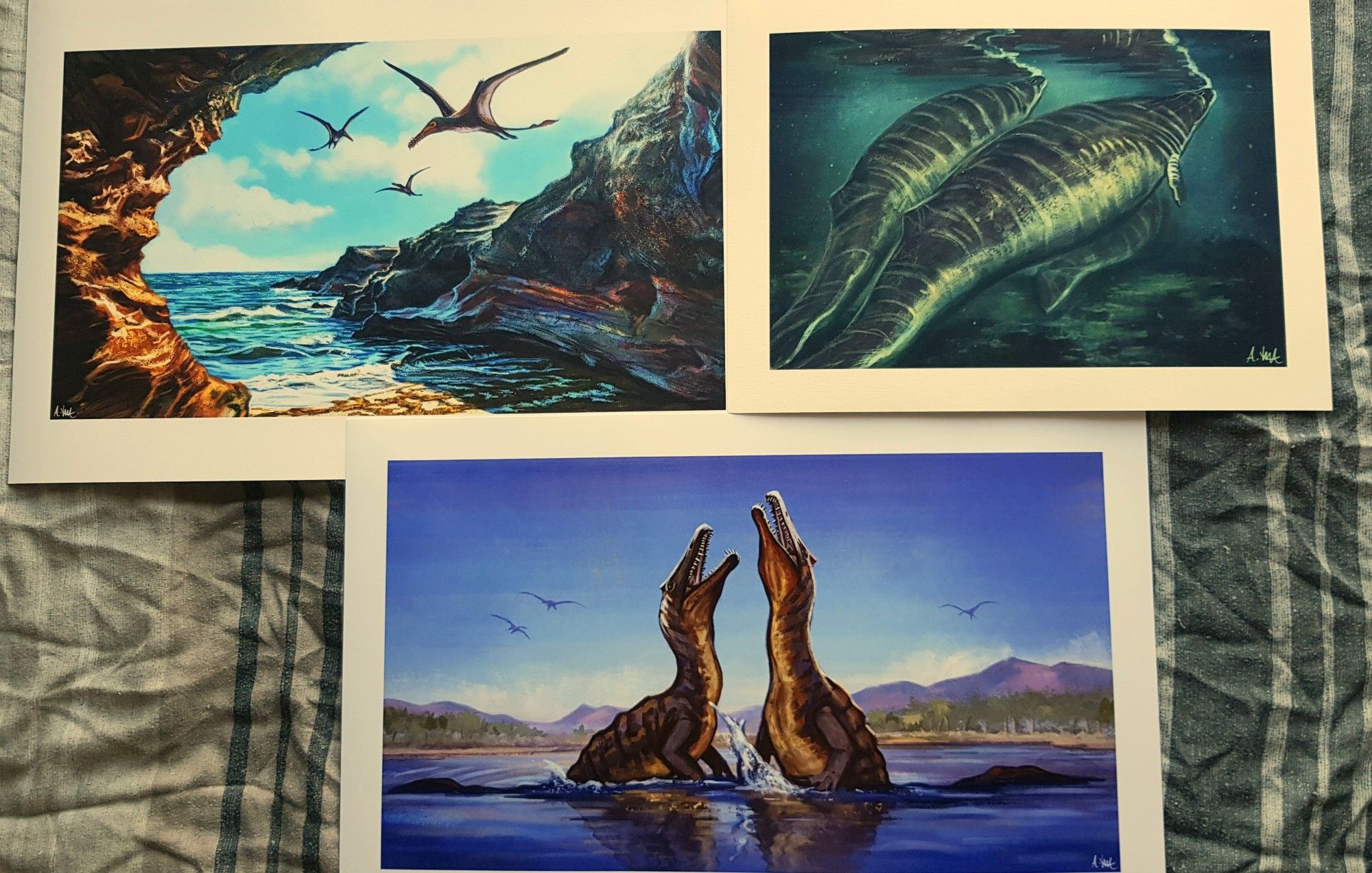 From left-to-right: Dearc Coastal landscape scene, Perucetus colossus pod and Irritator mating display.