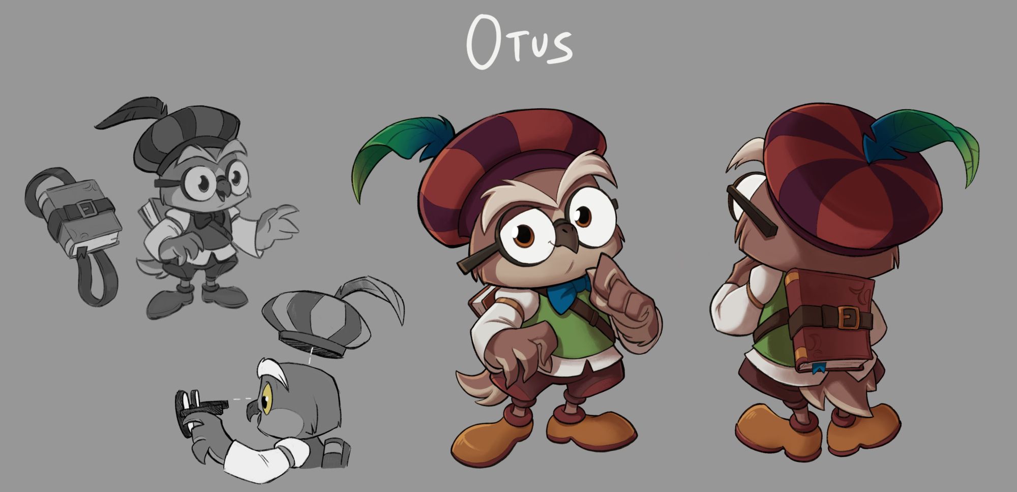 3/4 front and back view of a cartoon owl character, Otis