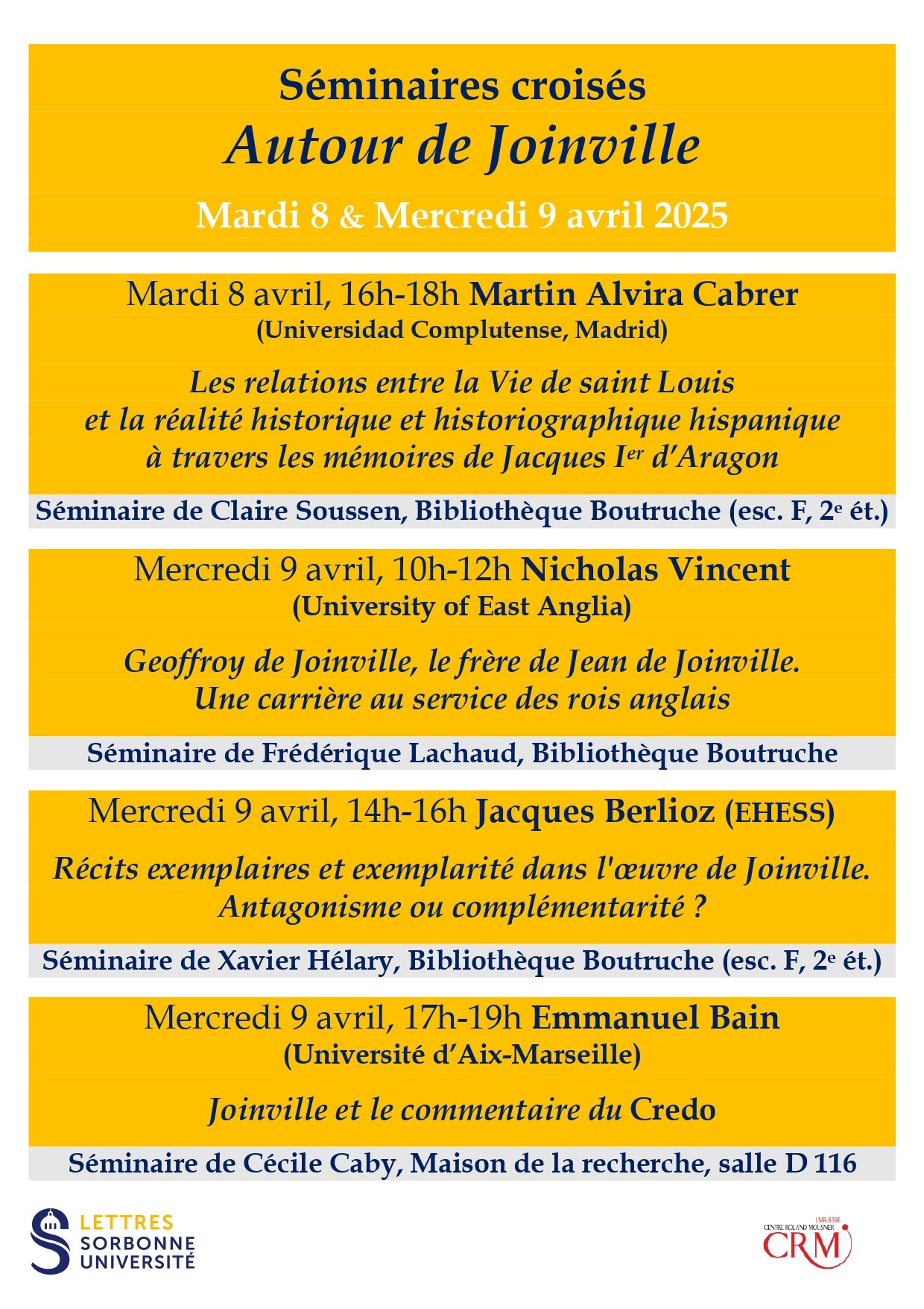 Affiche annonçant les quatre séminaires à venir autour de Joinville (8-9 avril 2025)