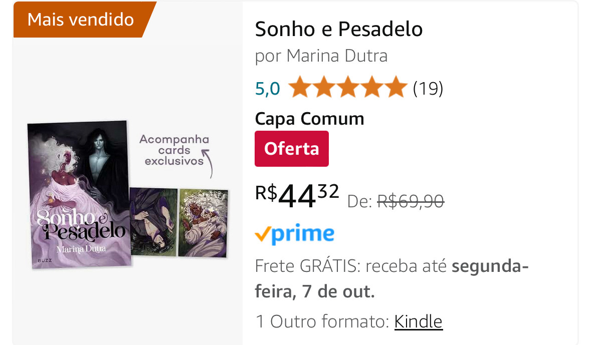 O livro Sonho e Pesadelo da autora Marina Dutra em promoção no site da Amazon por R$44,32.