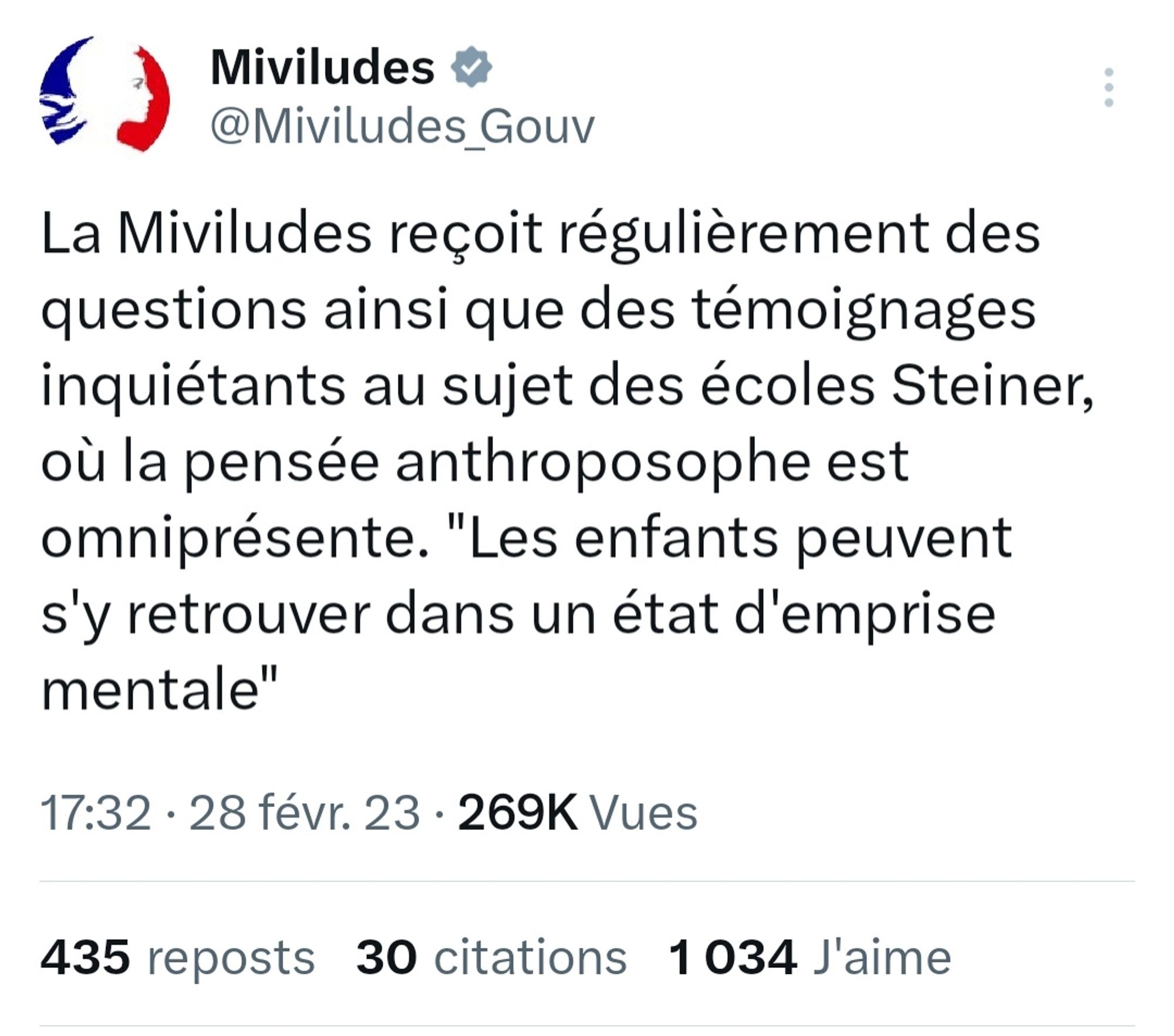 Tweet de la Mission interministérielle de vigilance et de lutte contre les dérives sectaires