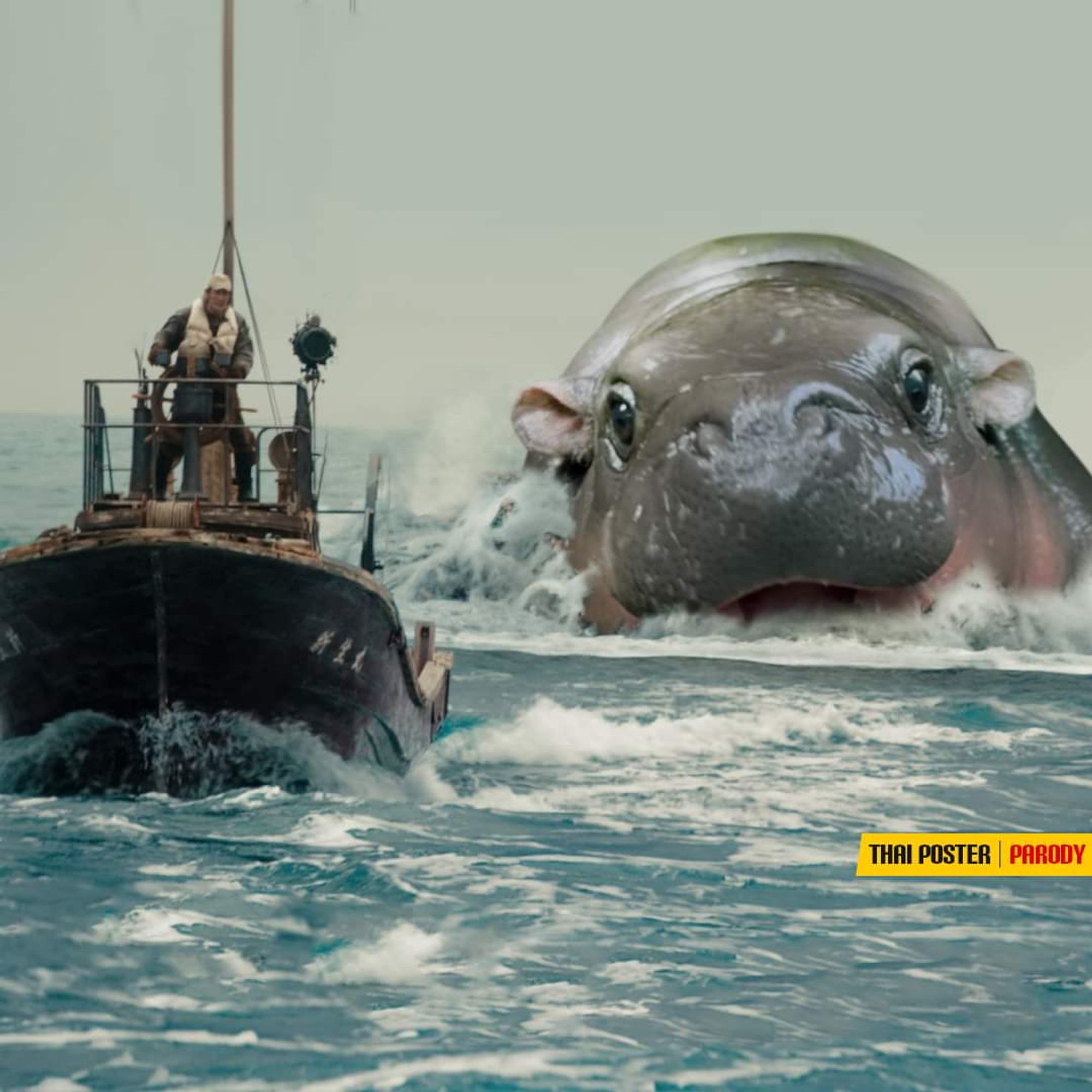 That scene in "Godzilla Minus One" when he's chasing the boat, but instead it's Moo Deng. Labeled with a small yellow ribbon that says "Thai Poster: Parody".