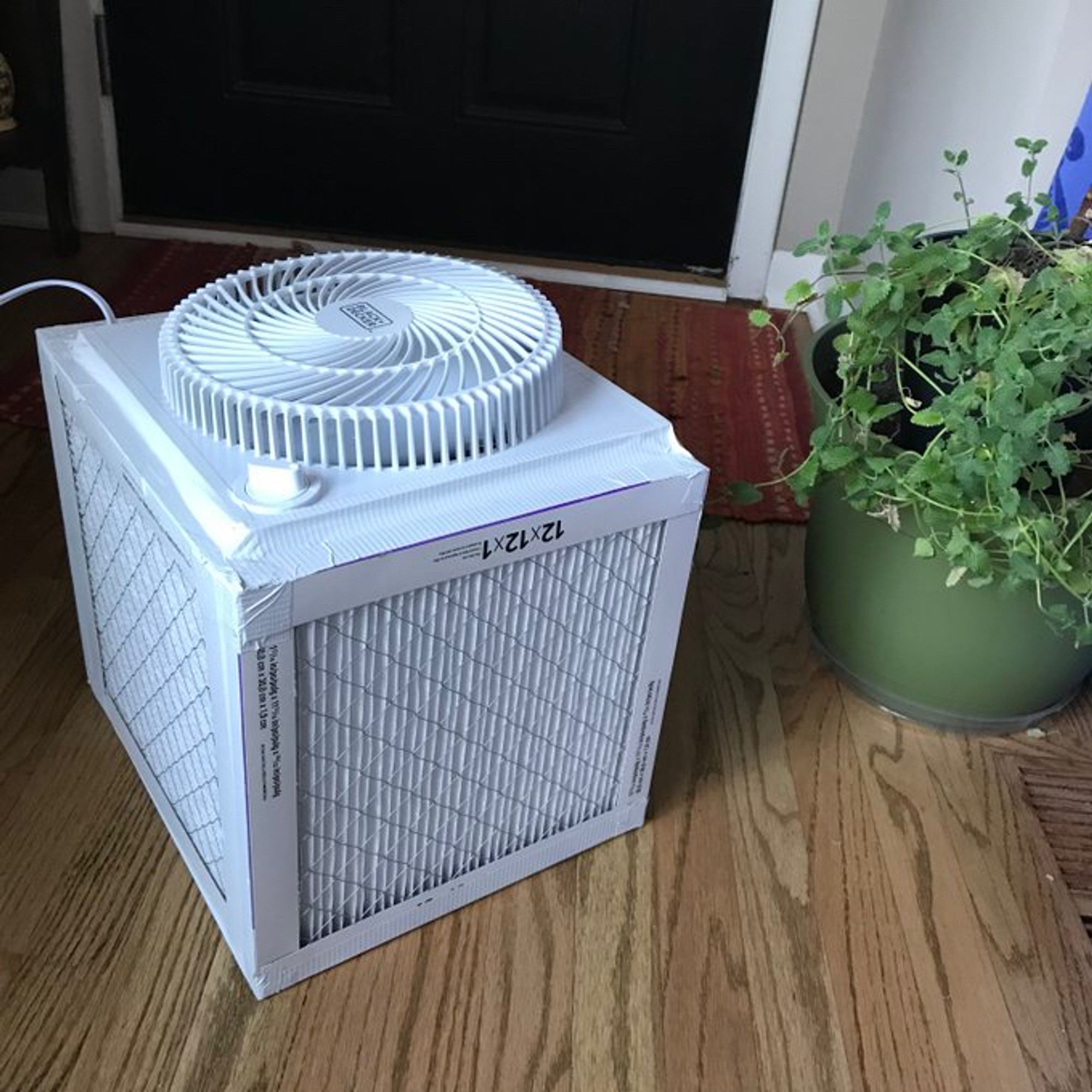 “Thing 1”, a Mini Corsi-Rosenthal Box or #MiniCRBox, posed on wood floor next to a potted plant. 12x12 inch air filter screens under a 9 inch electric fan, all edges bound together with white duct tape.