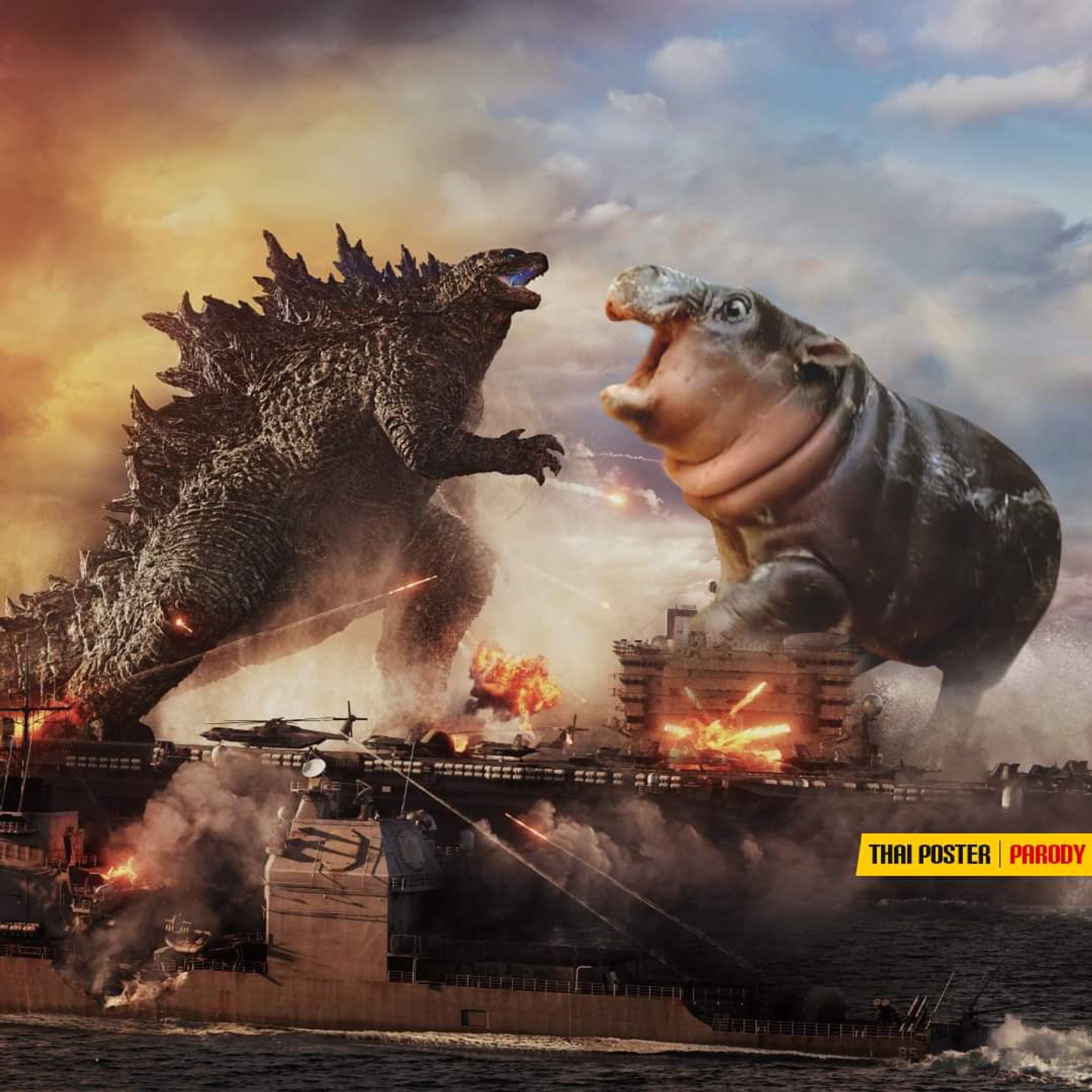 Edited movie poster of Godzilla (Minus One version) battling Moo Deng the pygmy hippopotamus amid explosions and weaponry. Labeled with a small yellow ribbon that says "Thai Poster: Parody".