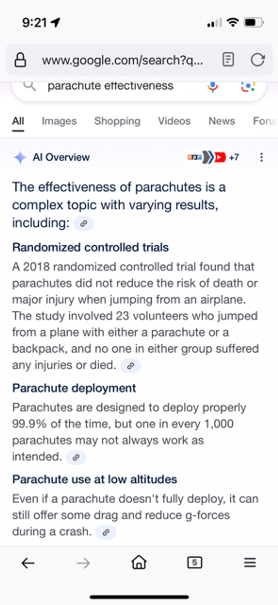 A screenshot of a google search for "parachute effectiveness". The AI Overview includes a section where it says that a "2018 randomized controlled trail found that parachutes did not reduce the risk of death of major injury when jumping from an airplane."