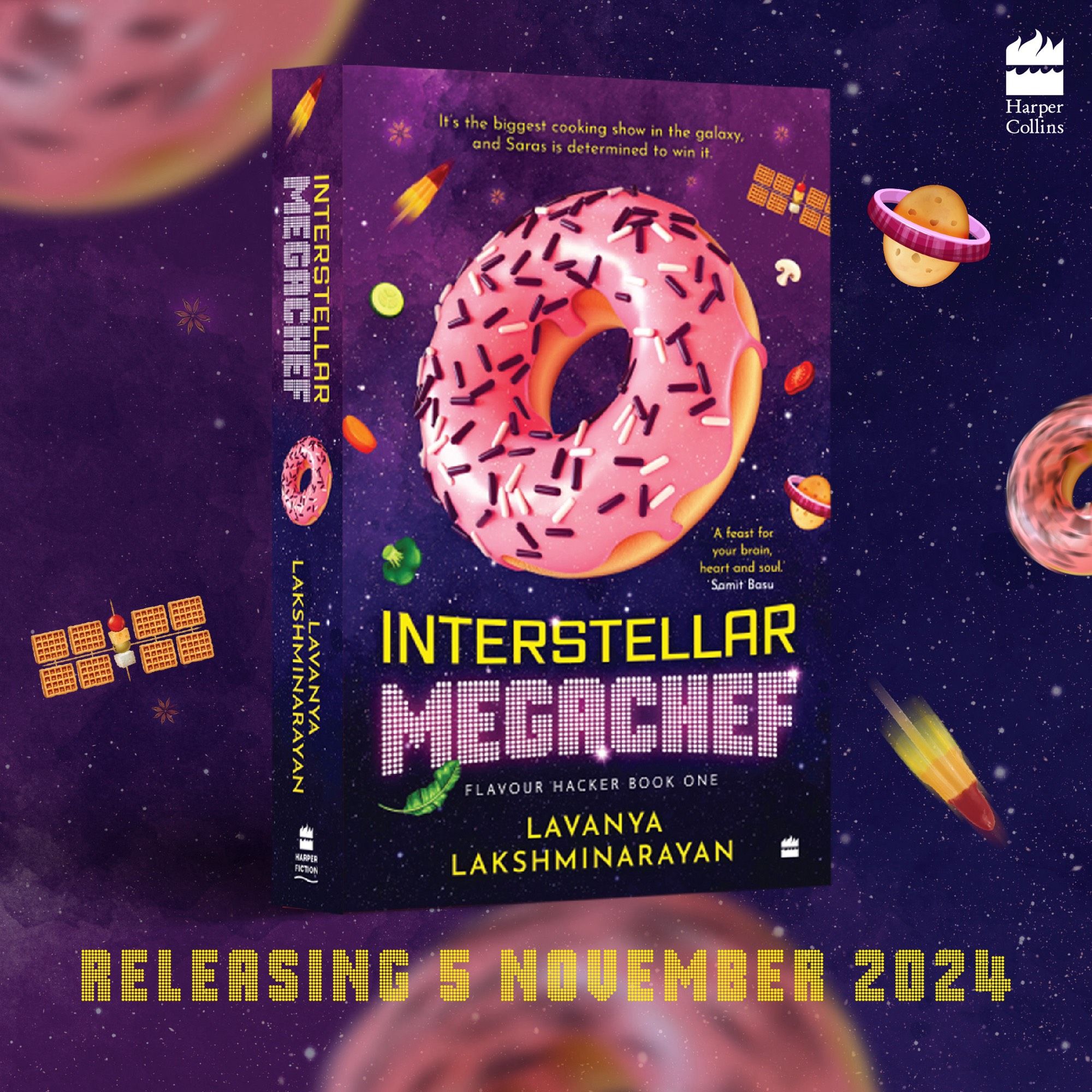 The cover of Interstellar MegaChef, my new novel, featuring a giant frosted pink doughnut floating in outer space.

Yellow text reads: Releasing 5 November 2024