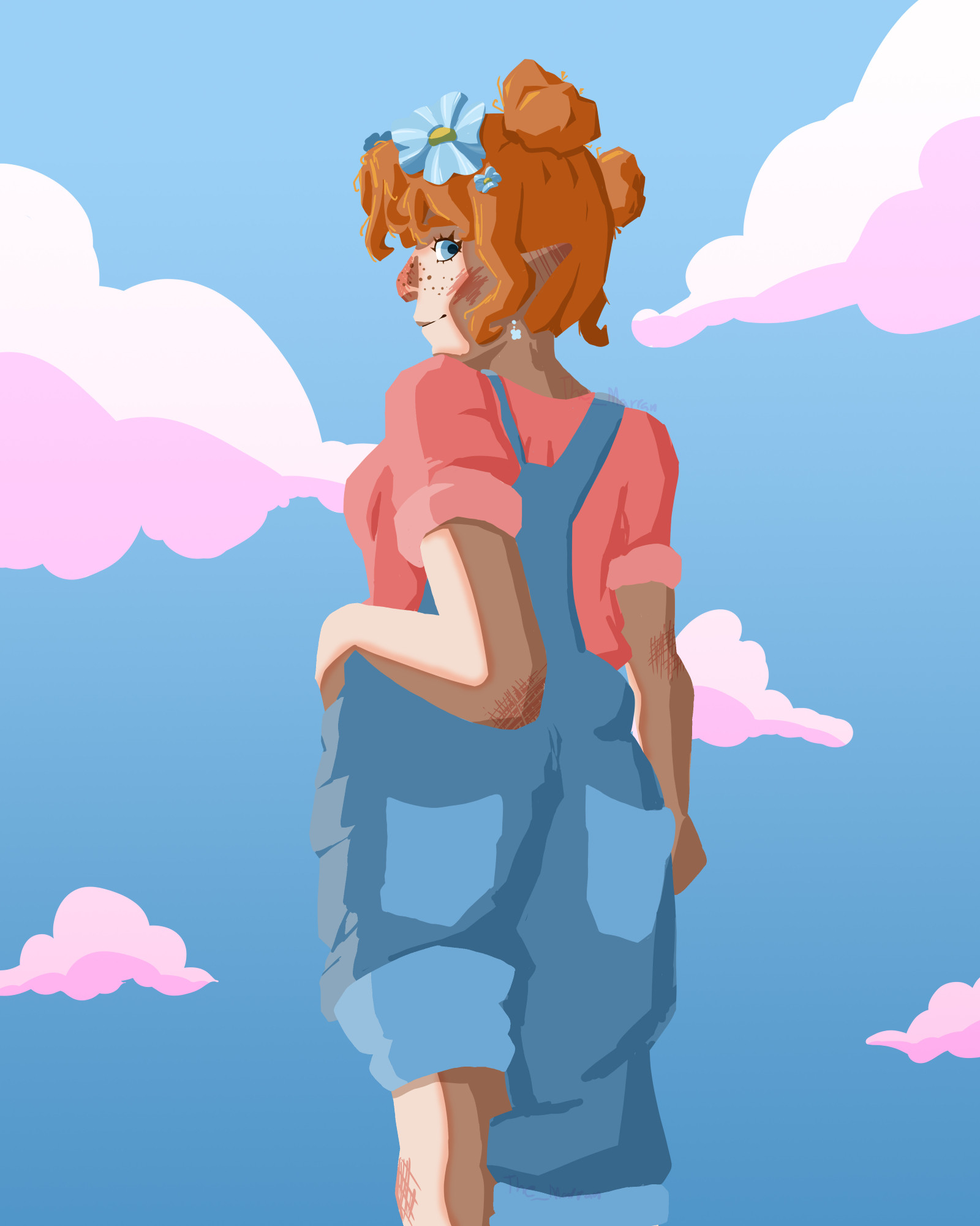 a drawing of a girl with a pink t-shirt, blue dungarees, and ginger hair 