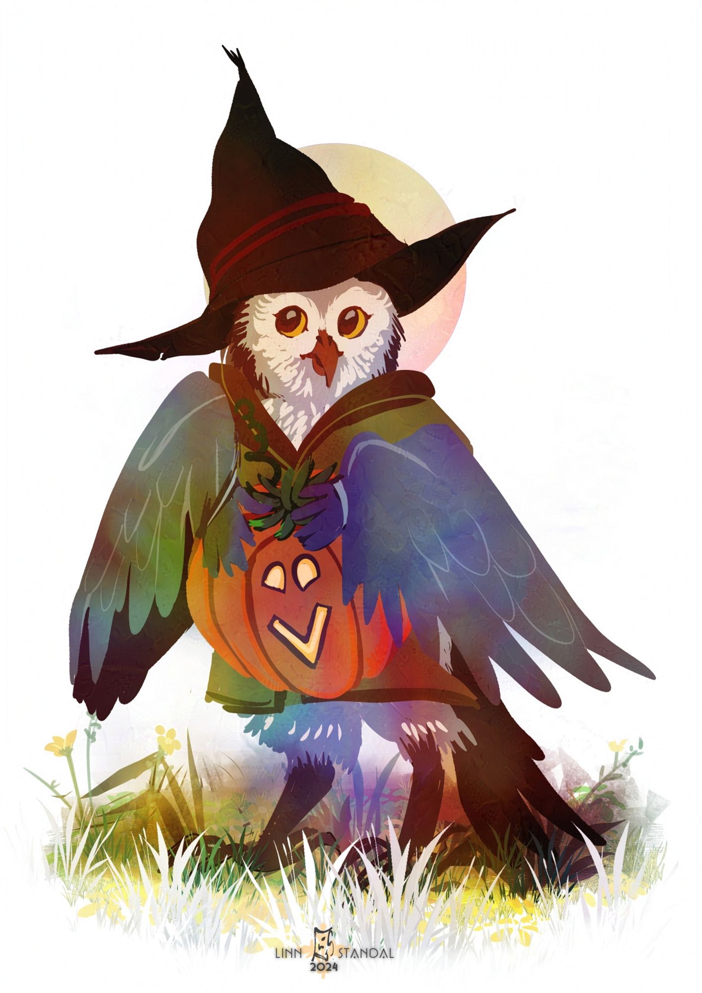 whoover the owlfolk-person in a witch hat and holding a huge carved pumpkin in their... hands?  Wings?  It's hard to say.