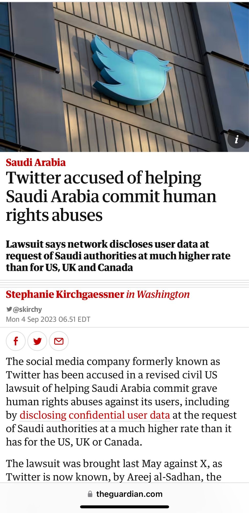 screenshot of a guardian news article stating Twitter’s being accused of helping Saudi Arabia commit human rights abuses