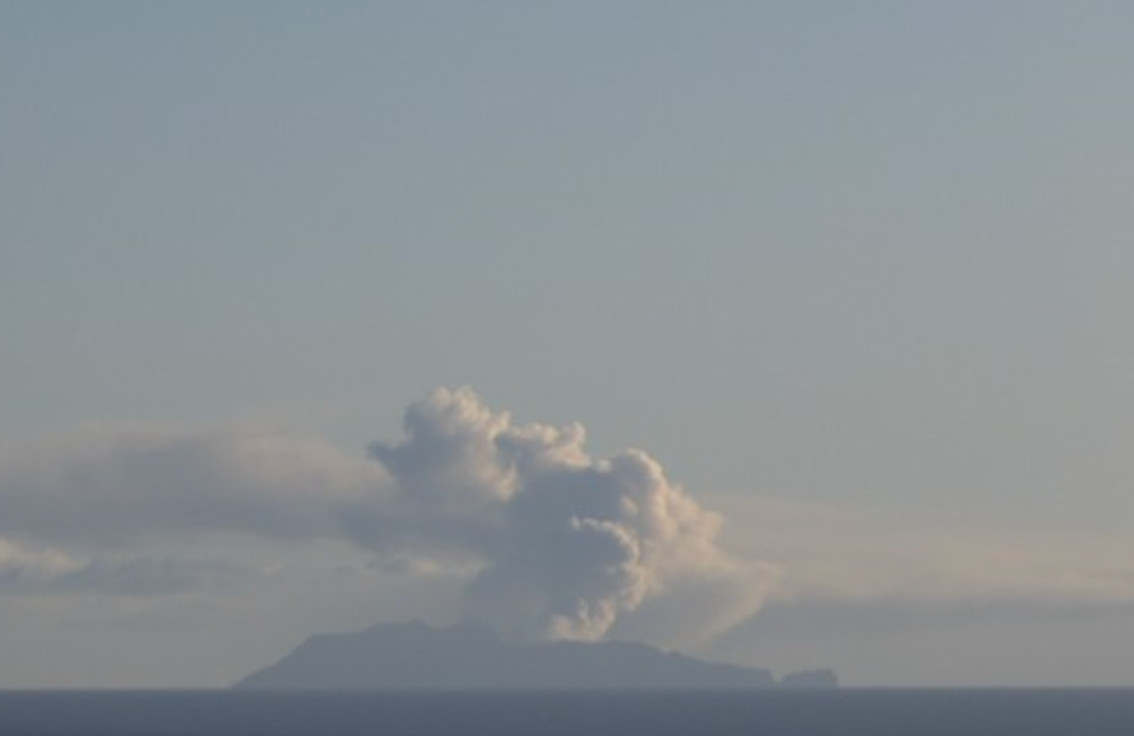 A photo of Whakaari volcano from the Whakatane coast