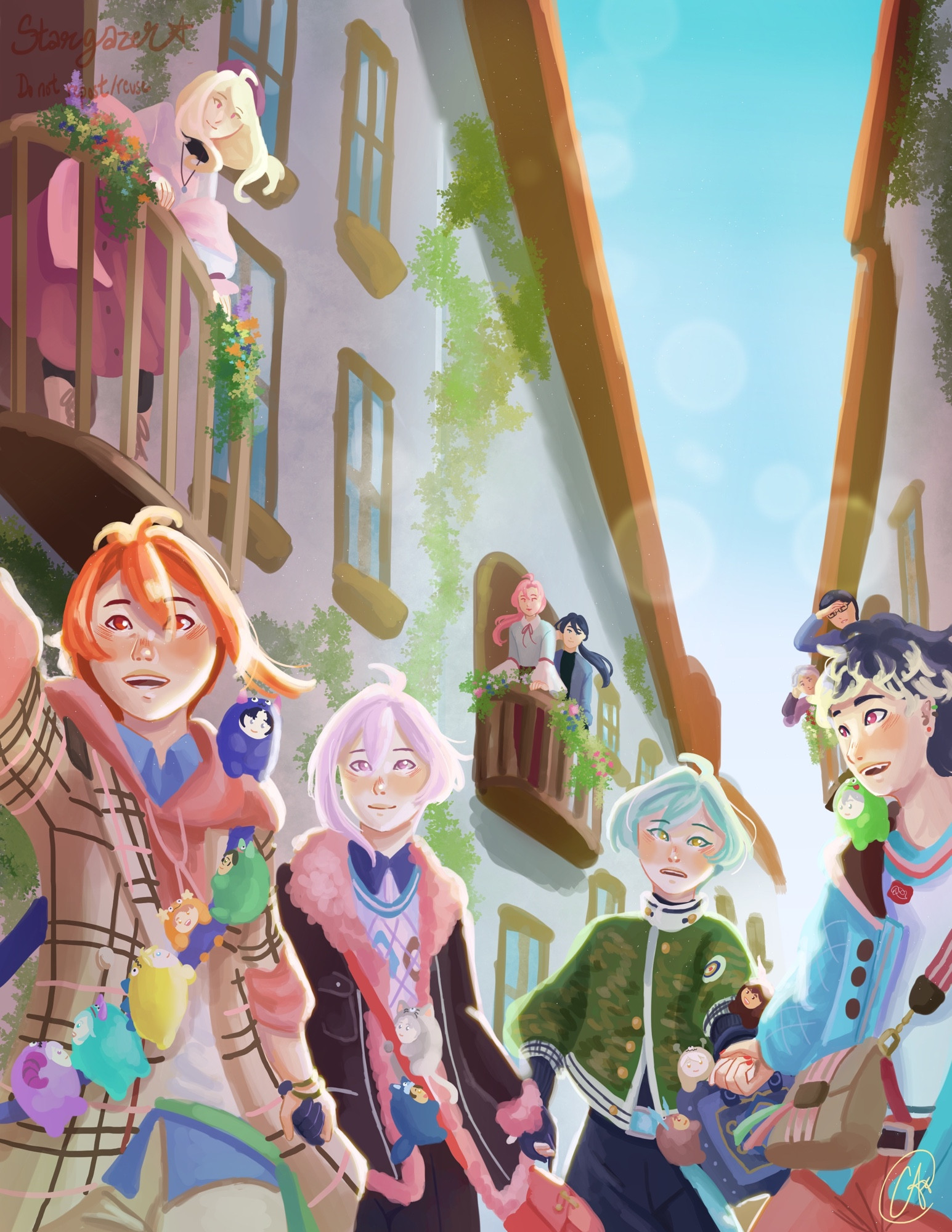 Digital drawing of Riku, Tenn, Haruka, and Momo from Idolish7 running down an alleyway path. They are wearing their G4Y tour outfits. Riku is holding Tenn’s hand, who is holding Haruka’s, who is holding Momo’s. The managers of the groups are standing on balconies above them. The rest of the group members are in their mom forms and dangling off the centres’ bag straps. It’s a sunny day