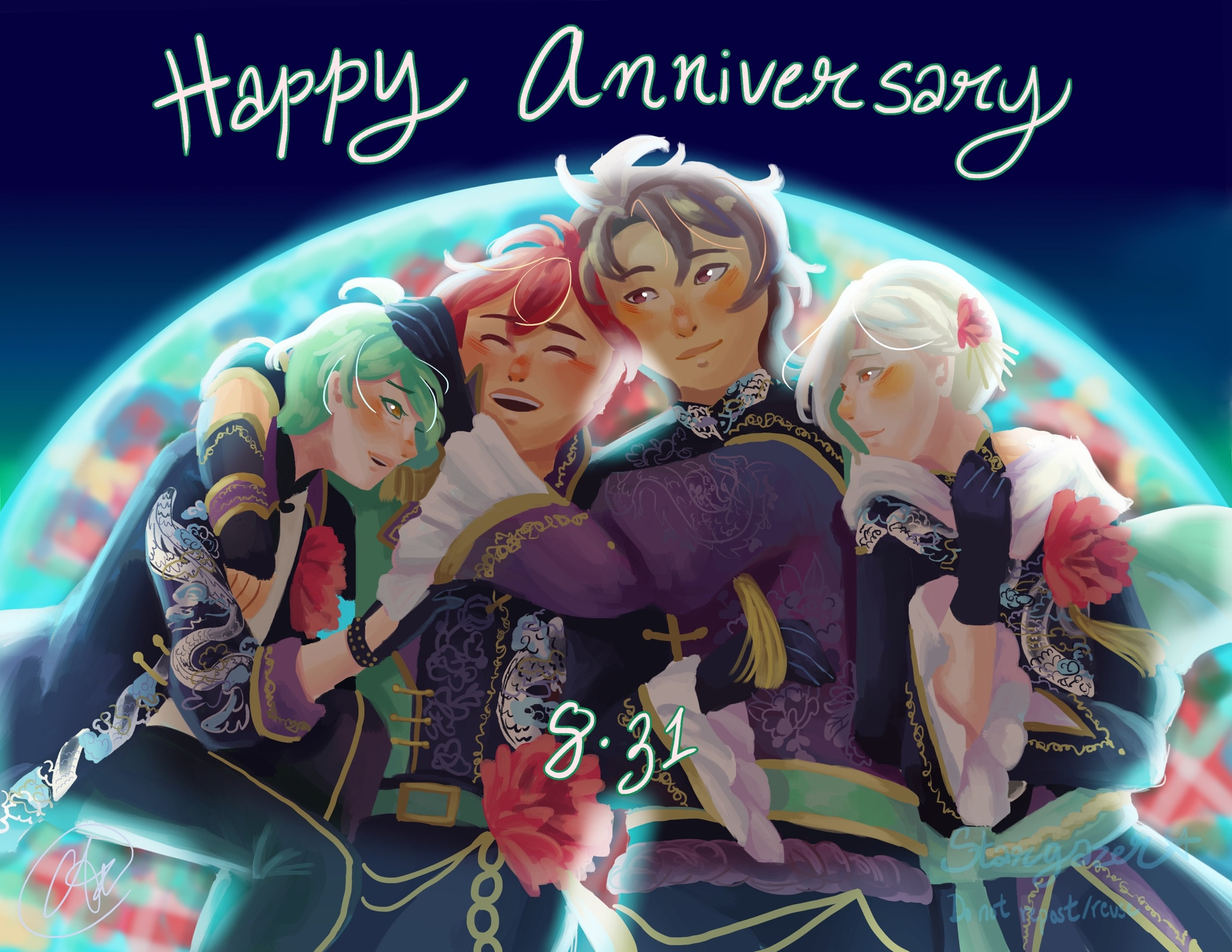 Digital drawing of the ZOOL members. They are wearing their utopia costumes and lying on the ground with a lit up display of flowers. From left to right lies Haruka, Touma, Torao, and Minami. Torao is reaching over and ruffling Haruka’s hair. Touma has his arm around all of them. They are all smiling.