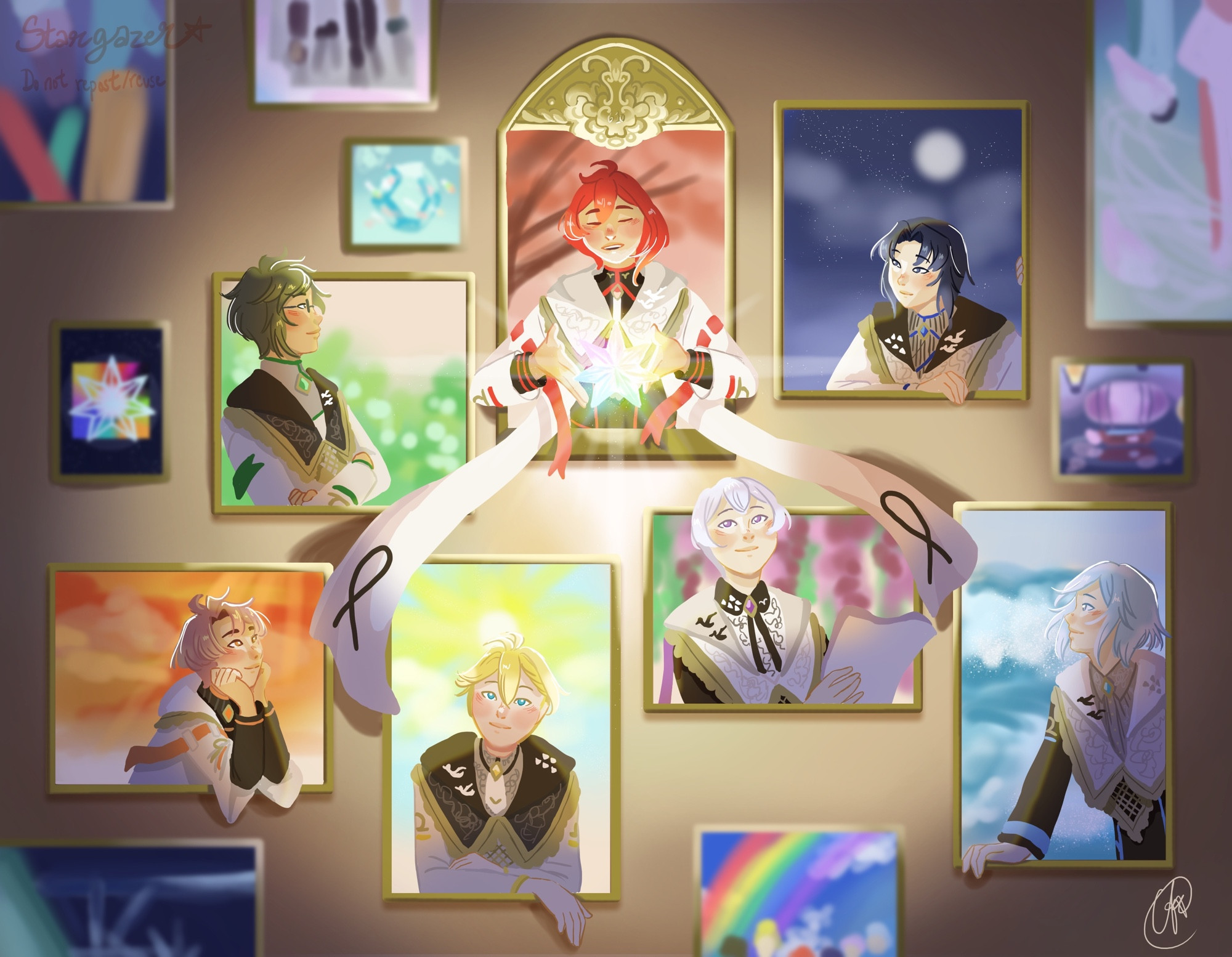 Digital art of all the members of idolish7. They’re in their Hello Calling costumes, and inside paintings. Riku is in the middle holding the seven sided star. Iori is to his right while Yamato is to his left. From left to right, Mitsuki, Nagi, Sogo, and Tamaki are all looking up at Riku 