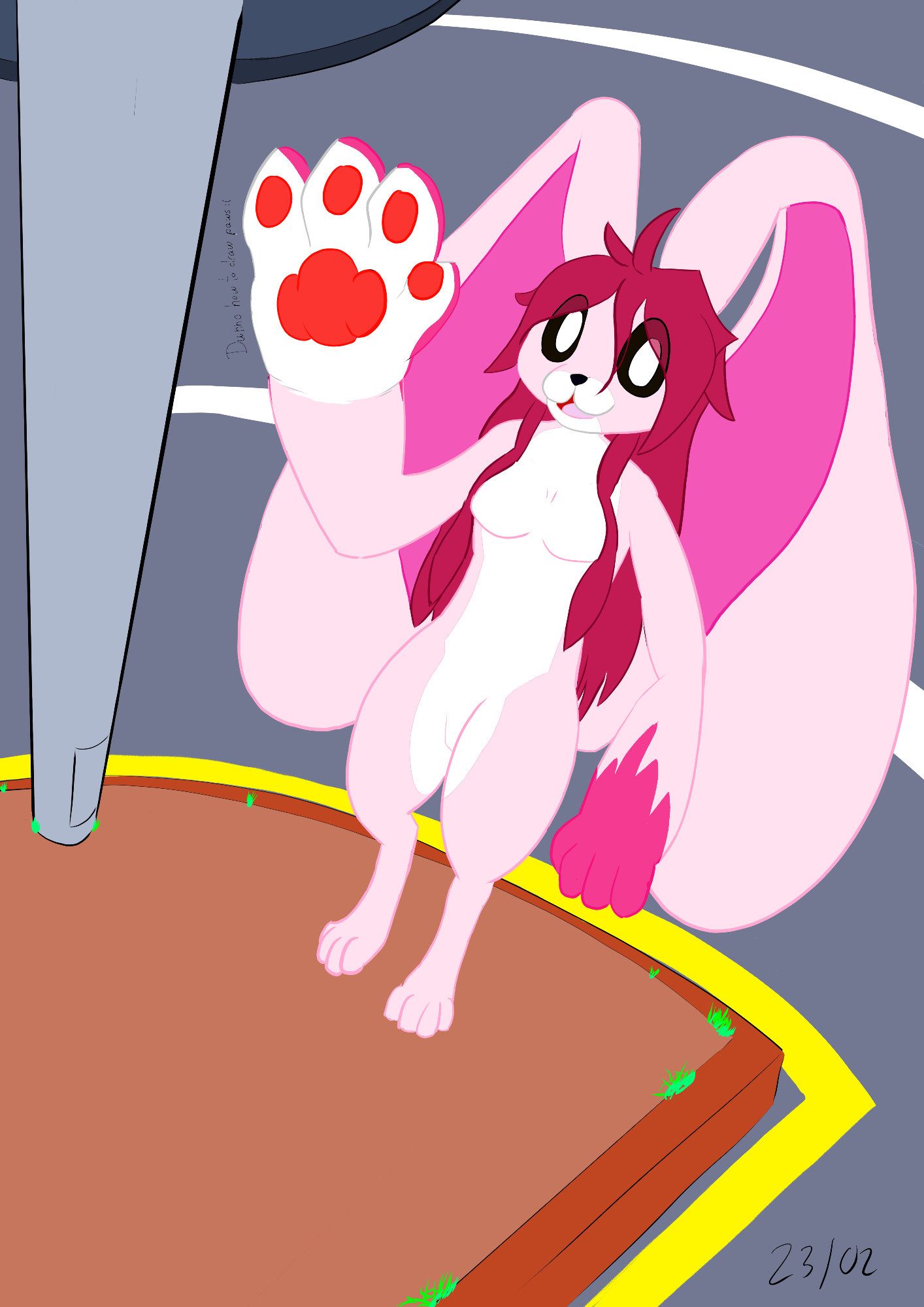 Yahlunna's fursona, a pink rabbit, waving at a camera in a eyefish angle