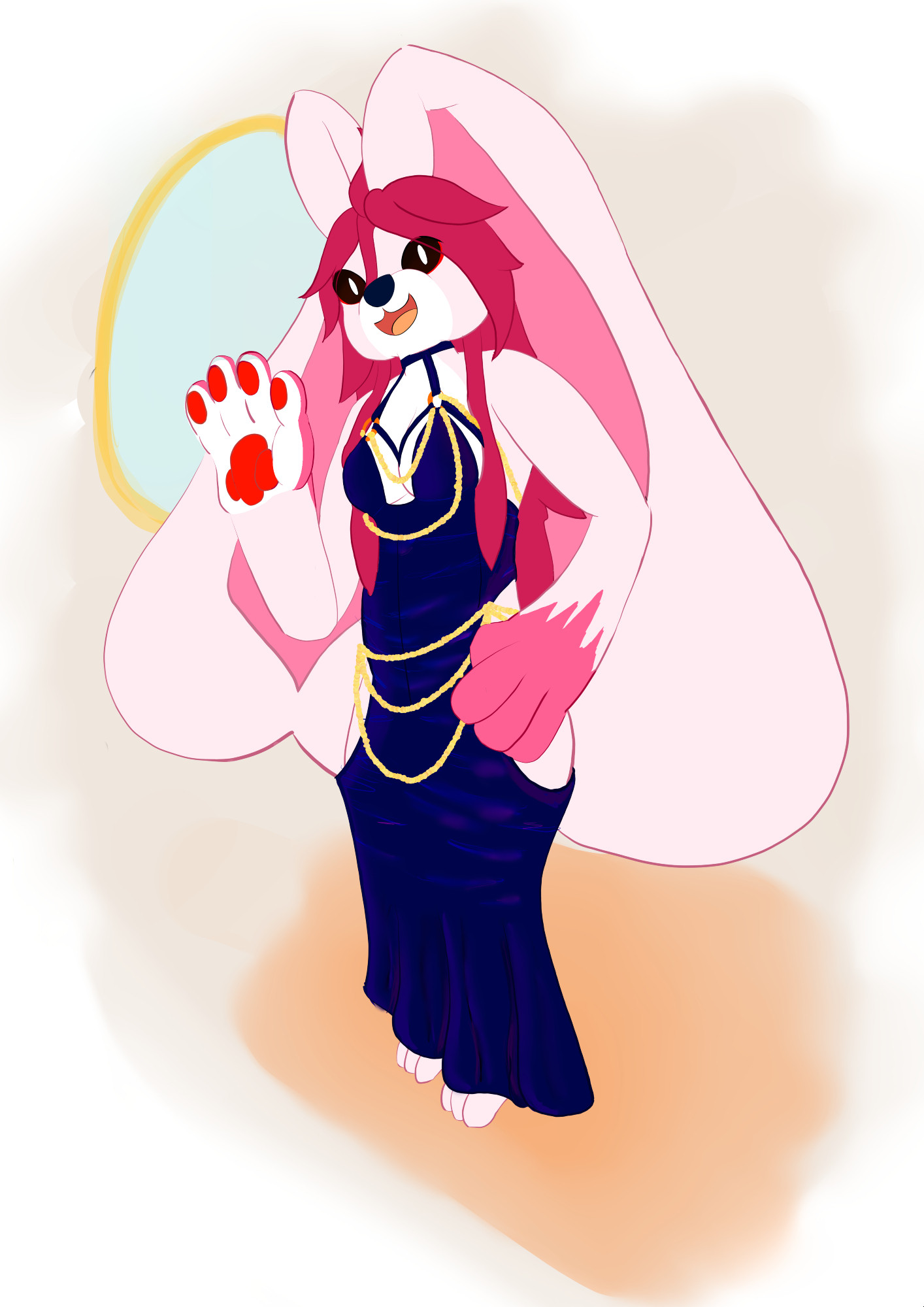 Yahlunna's fursona (a pink rabbit) wearing a black dress with golden ornaments.