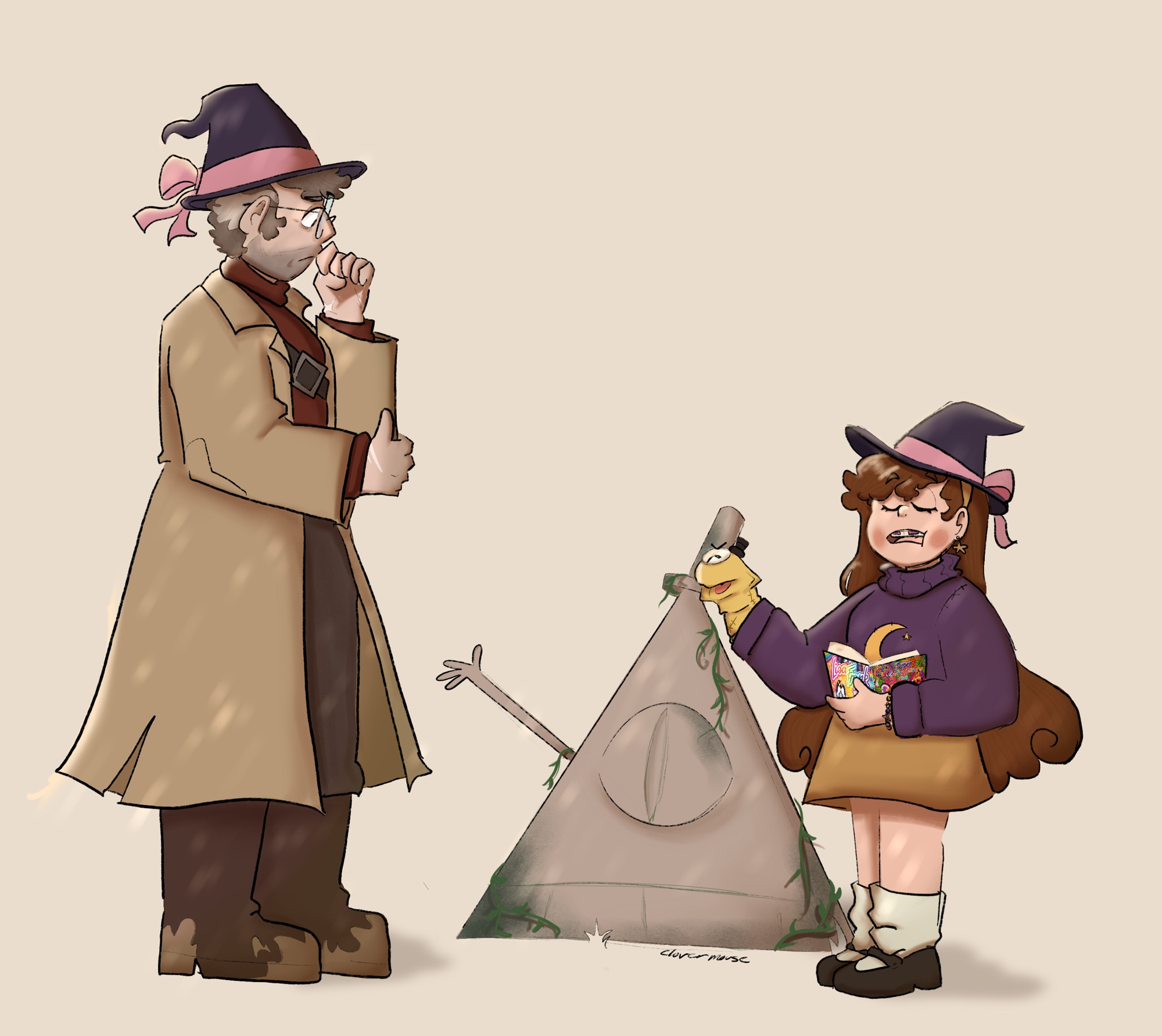 gravity falls fanart of mabel and ford pines standing by bill’s grave. mabel is providing a fake eulogy using a bill sock puppet and a lisa frank journal, while ford looks solemnly at the statue. both are wearing witch hats 