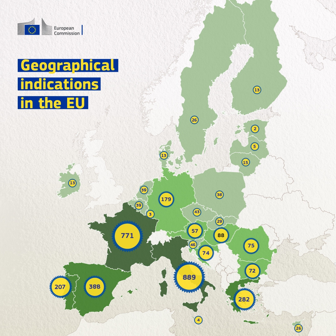 A map of Europe showing the number of geographical indications by country. Each country is a different shade of green, and the numbers are in yellow circles.

Italy: 889
France: 771
Spain: 388
Greece: 282
Portugal: 207
Germany: 179
Hungary: 88
Croatia: 74
Romania: 75
Bulgaria: 72
Austria: 57
Slovenia: 46
Czechia: 43
Belgium: 39
Netherlands: 39
Poland: 38
Slovakia: 29
Cyprus: 26
Sweden: 26
Ireland: 13
Lithuania: 
Denmark: 13
Finland: 13
Latvia: 5
Luxembourg: 3
Malta: 4
Estonia: 2