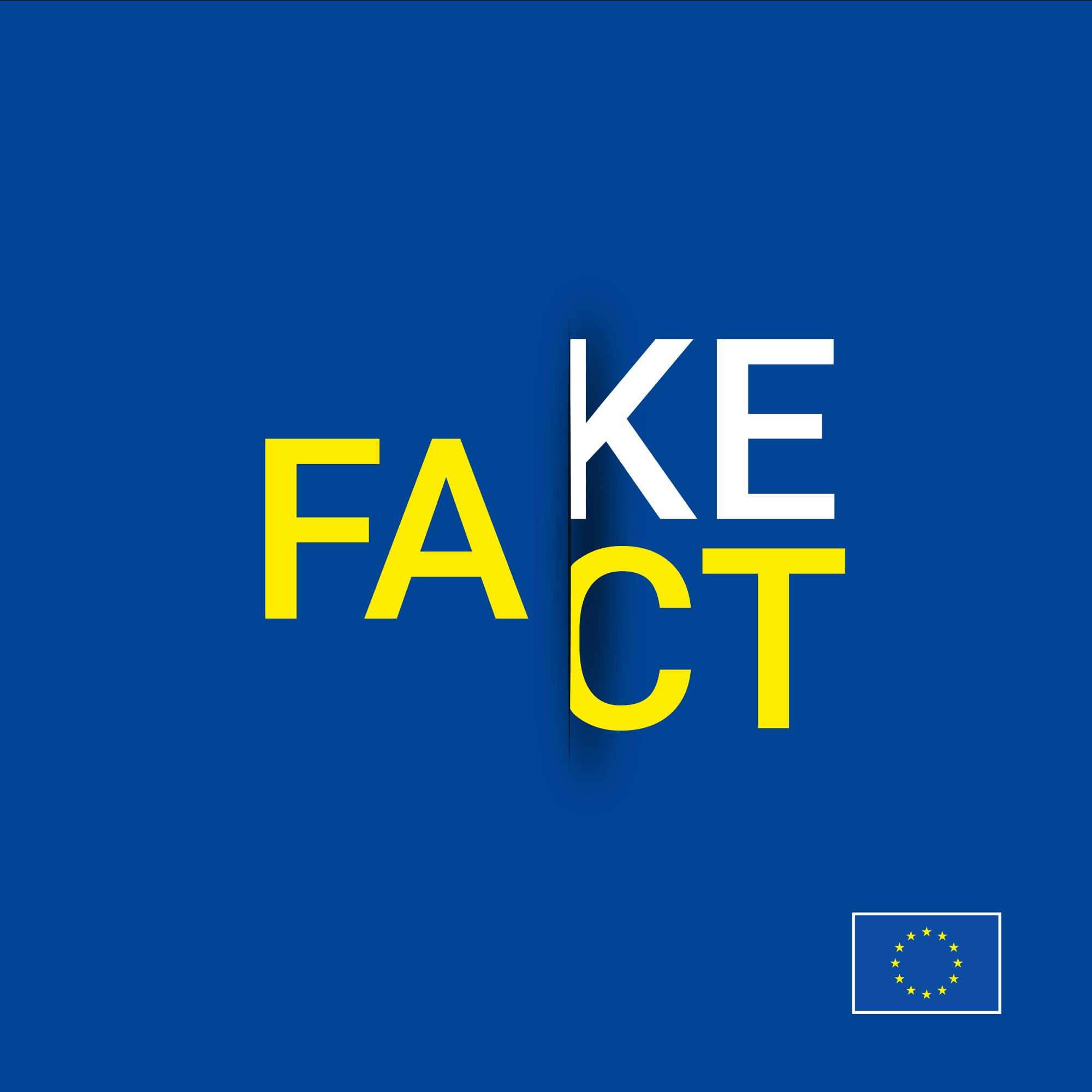 A blue background. On it, the word “fact” is written in yellow. The letters CT that form the last part of the word are substituting the letters KE, written in white, which would form the word “fake”. On the bottom right hand-side, there is the EU emblem.