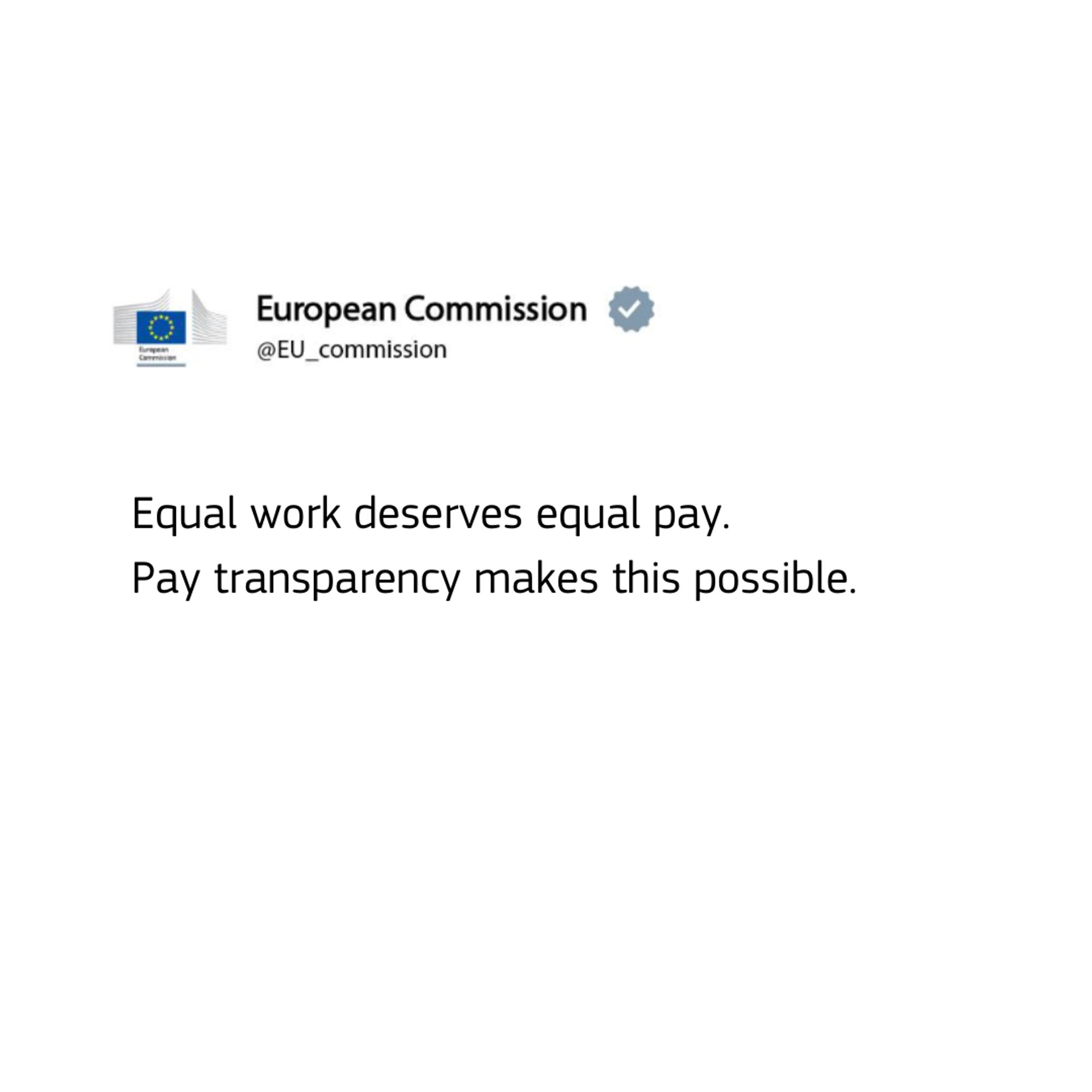 A visual with white background and European Commission logo with the text: Equal work deserves equal pay. Pay transparency makes this possible.