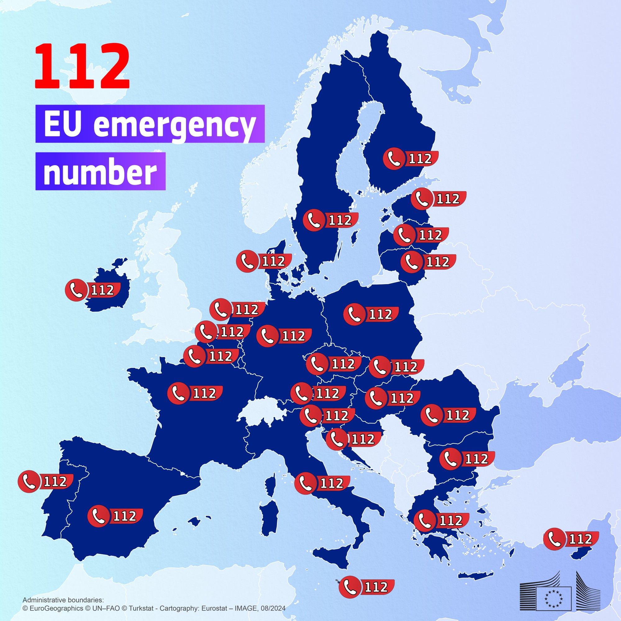 A map of Europe with the EU Countries coloured in dark blue. The number 112 appears in each EU country to symbolise the common emergency number in the EU. The title on the upper left corner reads “112 EU Emergency Number”.