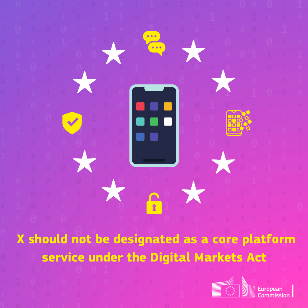 The image shows a smartphone in the centre, surrounded by seven white stars, symbolizing the European Union, and various icons representing key features of interoperability such as messaging, security, and data exchange. Below is the text, "X should not be designated as a core platform service under the Digital Markets Act." The European Commission logo is placed at the bottom.