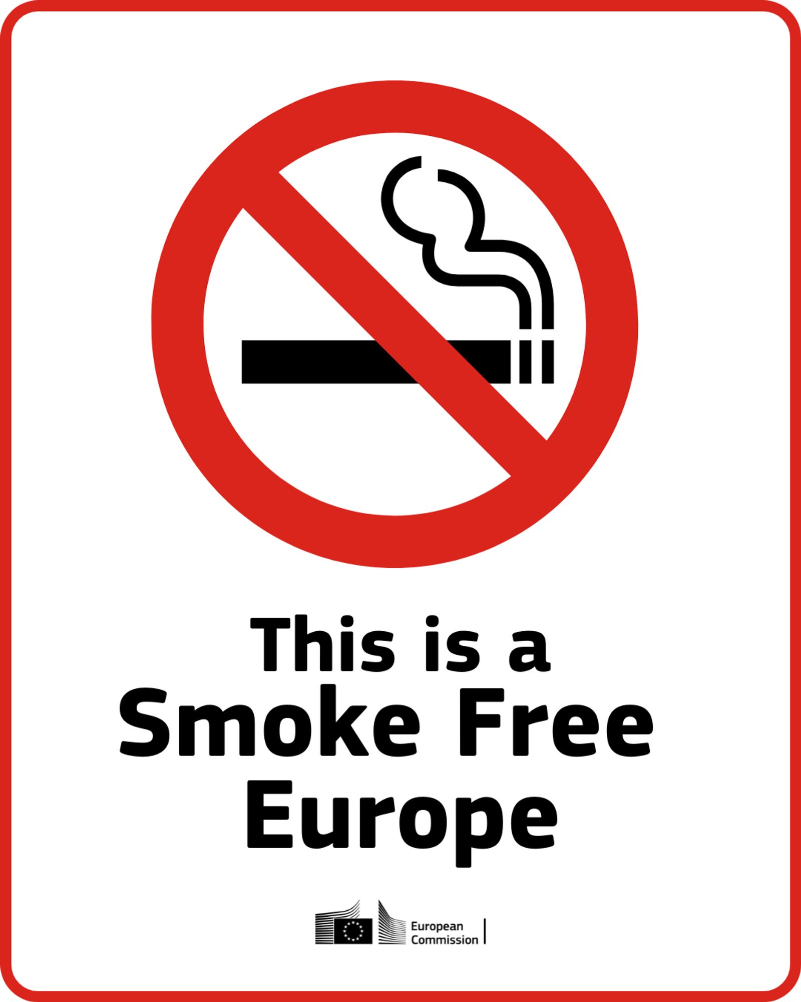 A visual with the Stop sign with cigarettes and the text, "This is a smoke free Europe." There is a European Commission logo at the bottom-centre.