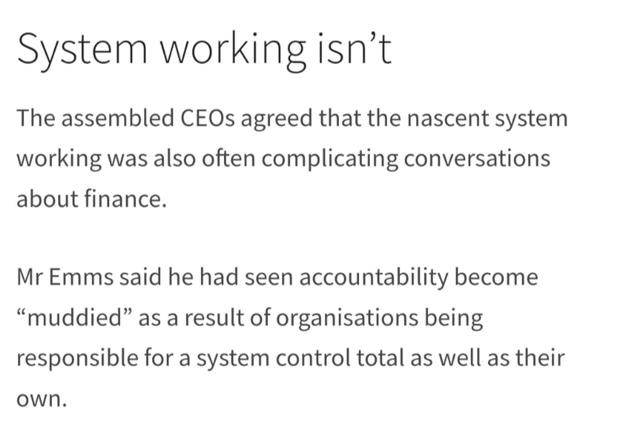 A screenshot of the linked article talking about unclear accountability within local health systems.