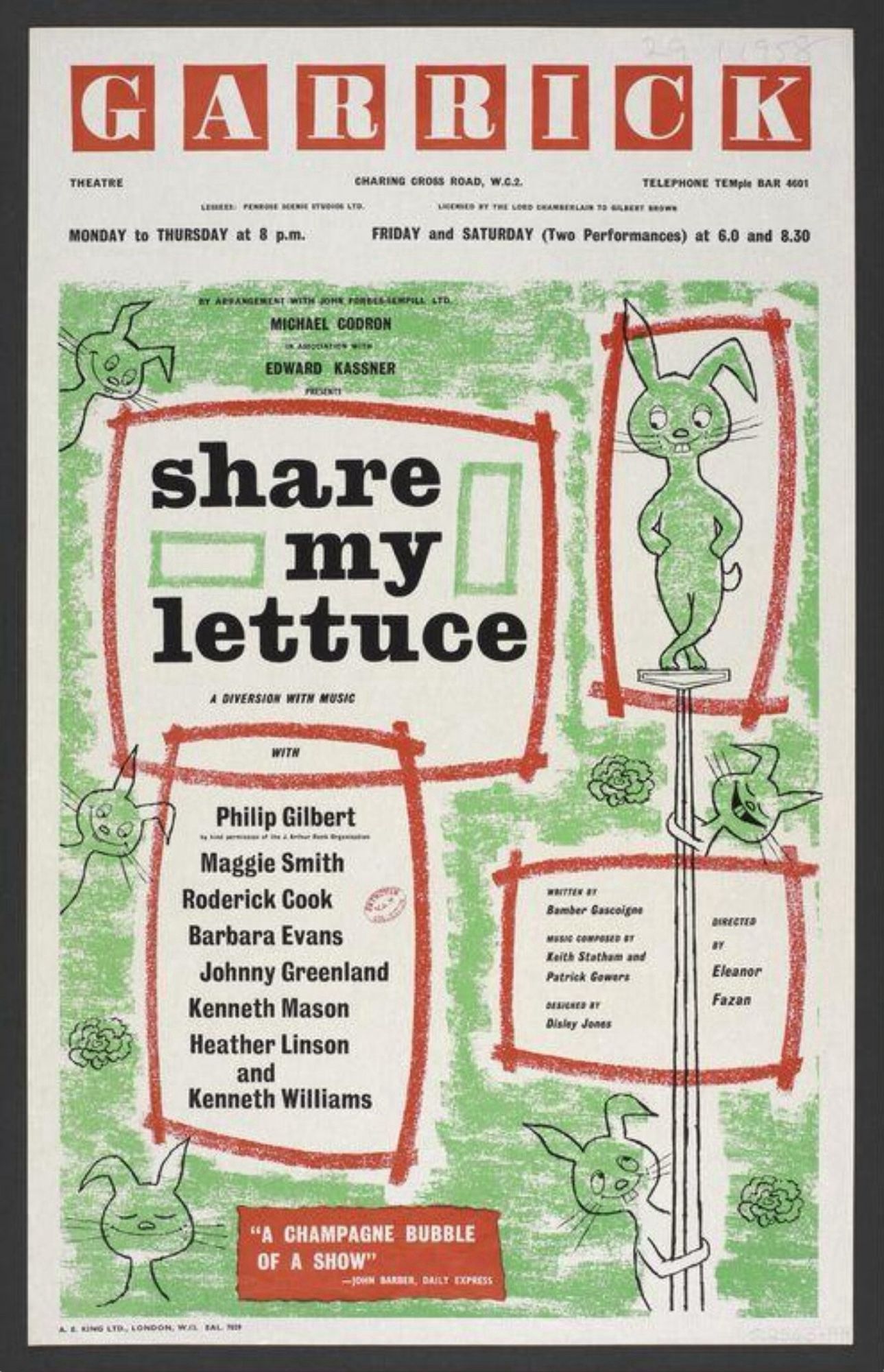 The theatrical poster for the 1956 British musical revue “Share My Lettuce.” It is very well designed but gives little clue as to what the show is about. There’s a lot of lettuce and a green rabbit.