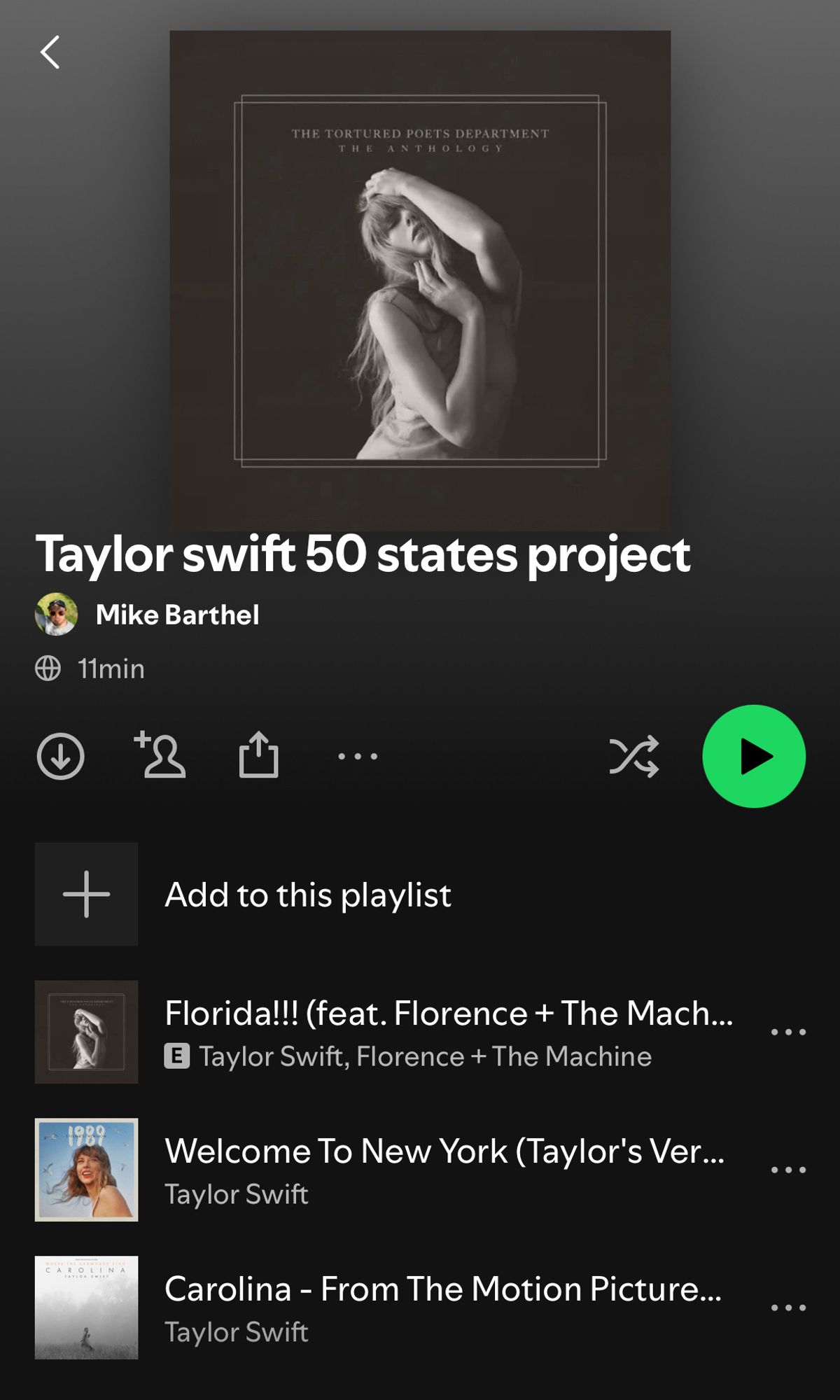 Screenshot of a Spotify playlist called “Taylor swift 50 states project” with the songs “Florida” “Welcome to New York” and “Carolina”