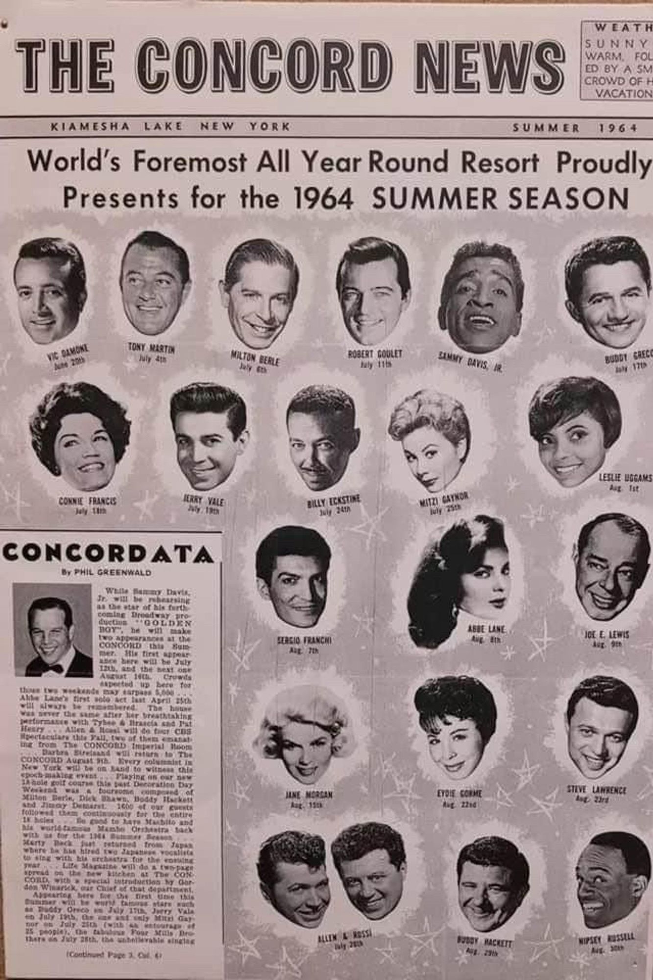 Page from a newspaper. Vic Damone, Sammy Davis Jr., Nipsey Russel, Connie Francis, many others.