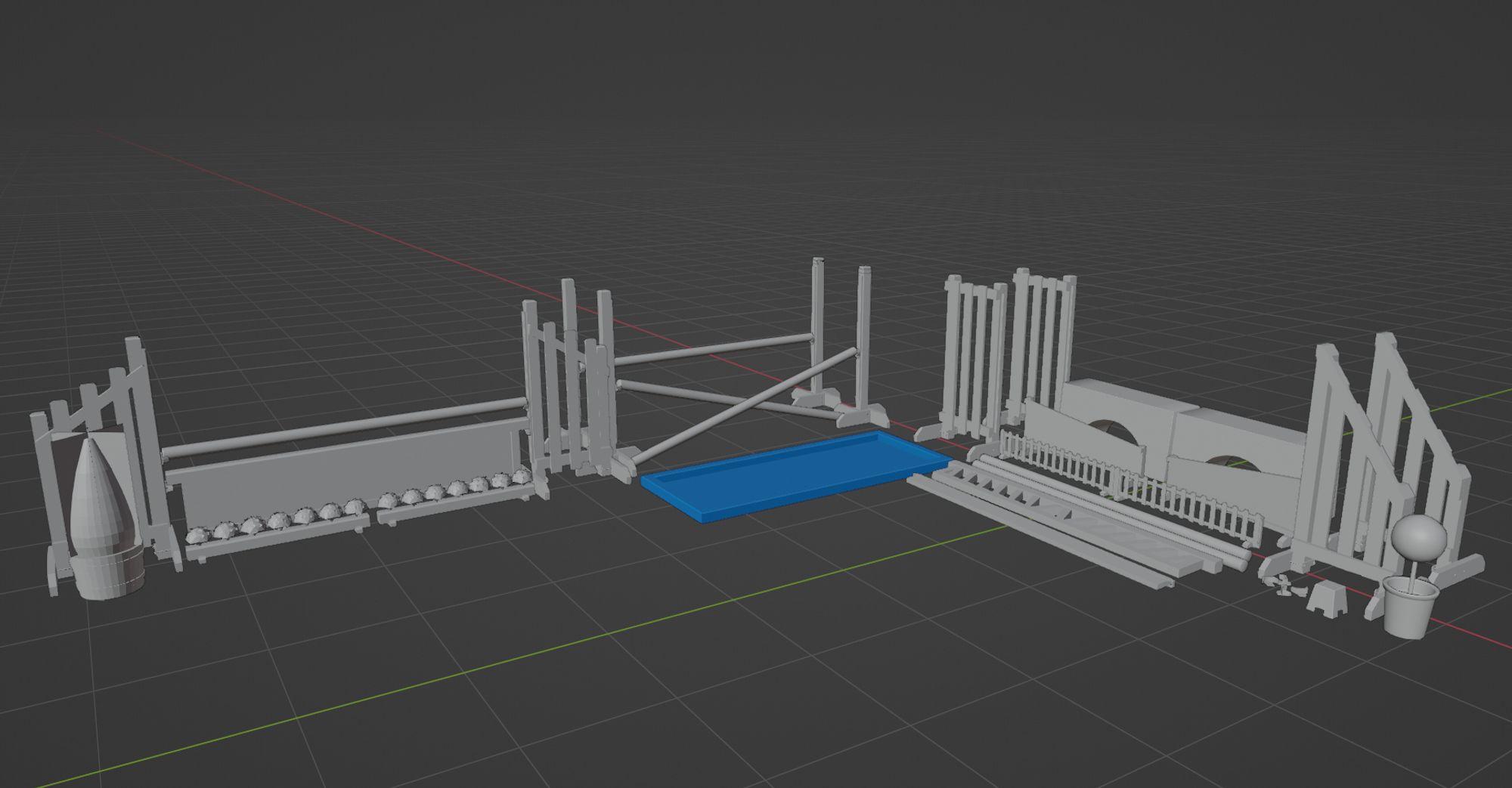 Blender viewport showing collection layout of untextured 3d modelled showjumps