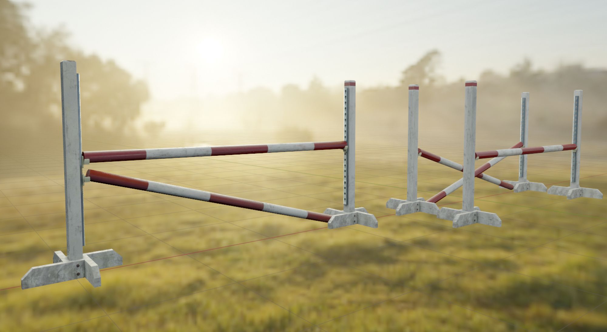 Blender viewport render of 3d modelled & textured practice fences as would be used in a showjumping competition warmup, in a hazy sunlit field HDRI background