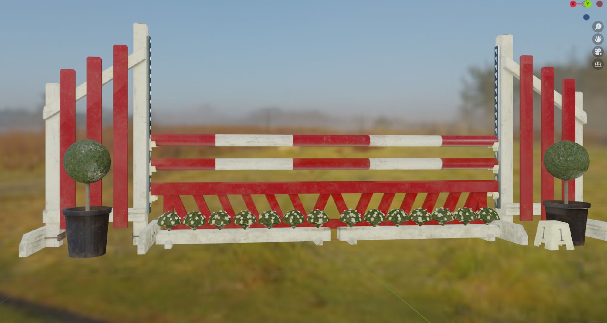 Blender viewport render of a 3d modelled & textured red & white showjump with a grassy field HDRI background