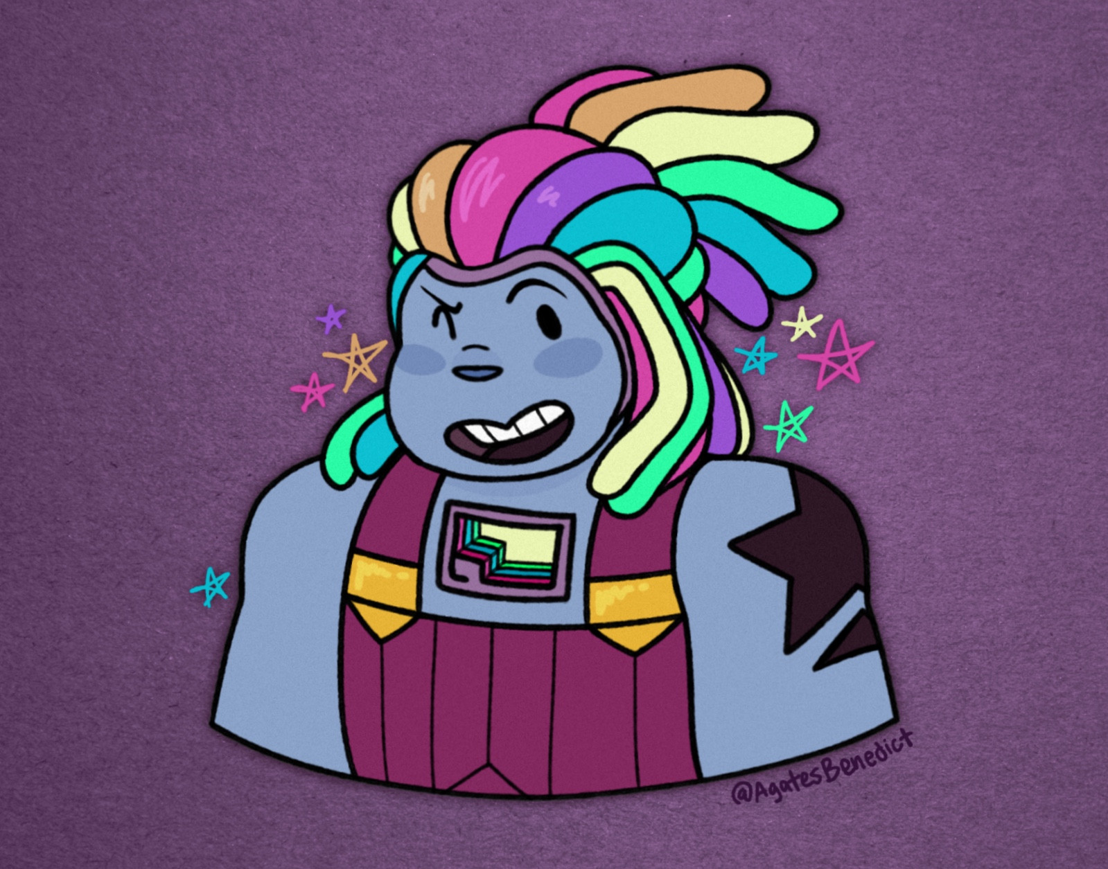 Simple doodle of Steven Universe character, Bismuth. Her rainbow locs are tied up into a medium ponytail. Colourful doodles of stars surround her as she winks to the audience. On a background that looks like plum coloured construction paper.