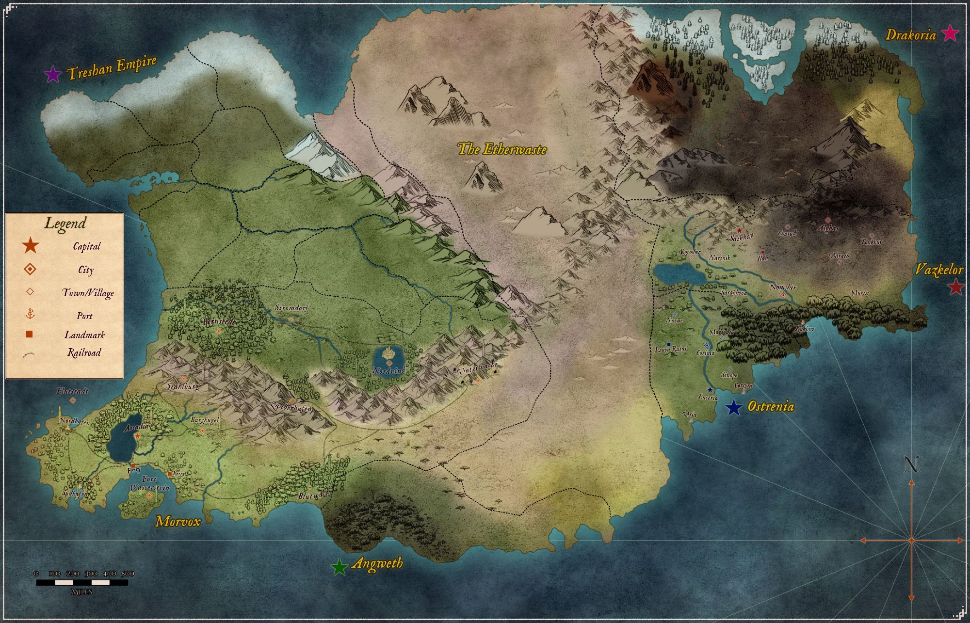 The continent of Asteria. The major countries include the Treshan Empire, Drakoria, Morvox, Vazkelor, Ostrenia, and Angweth. Separating East and West Asteria is a span of desert called the Etherwaste.