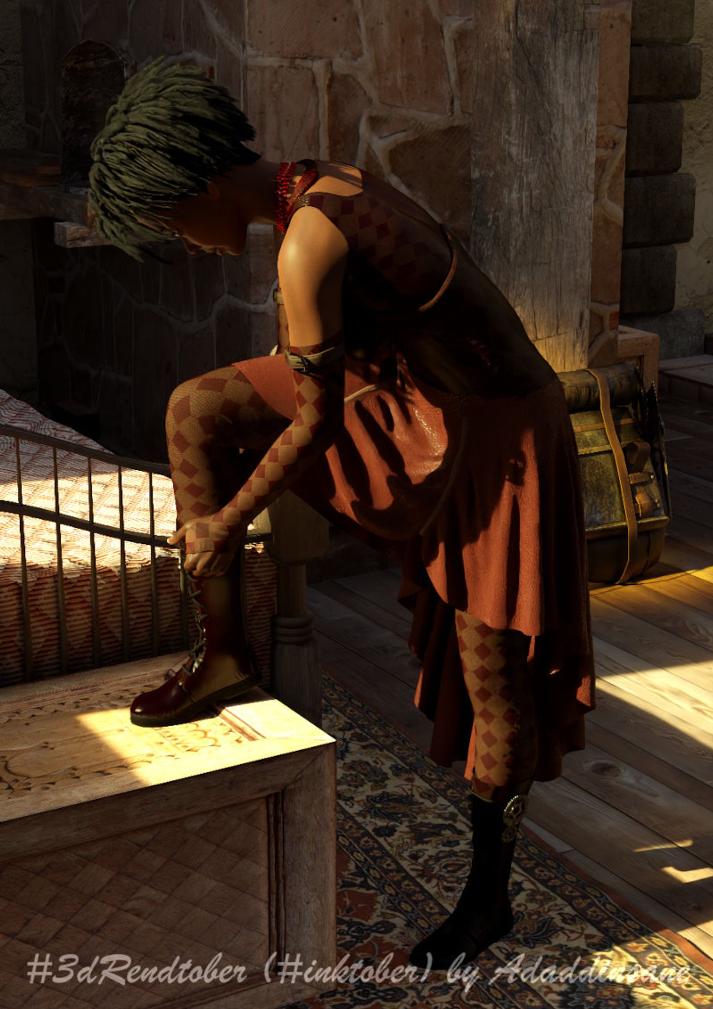 A young woman in a rustic bedroom is adjusting her right boot.