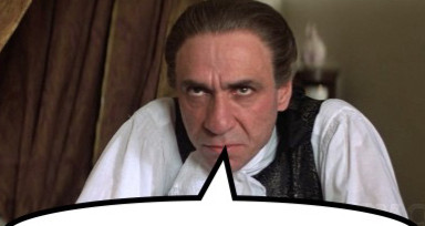 Salieri from Amadeus looking angry and a speech bubble is coming from his mouth 