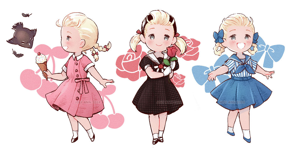 The character Fio from NieR:Reincarnation in three different dresses from 50-60s era.