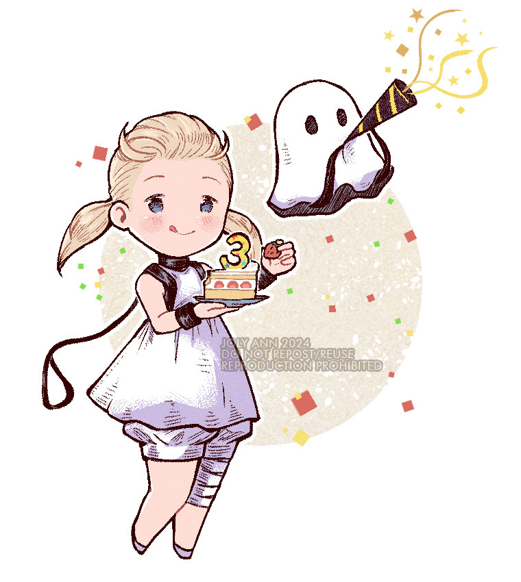 The main character Fio from the game NieR:Reincarnation holding a slice of cake with the number 3 on top of it. The 3 represents the English version's 3rd anniversary. The ghost-like creature Mama is next to her holding a party popper.