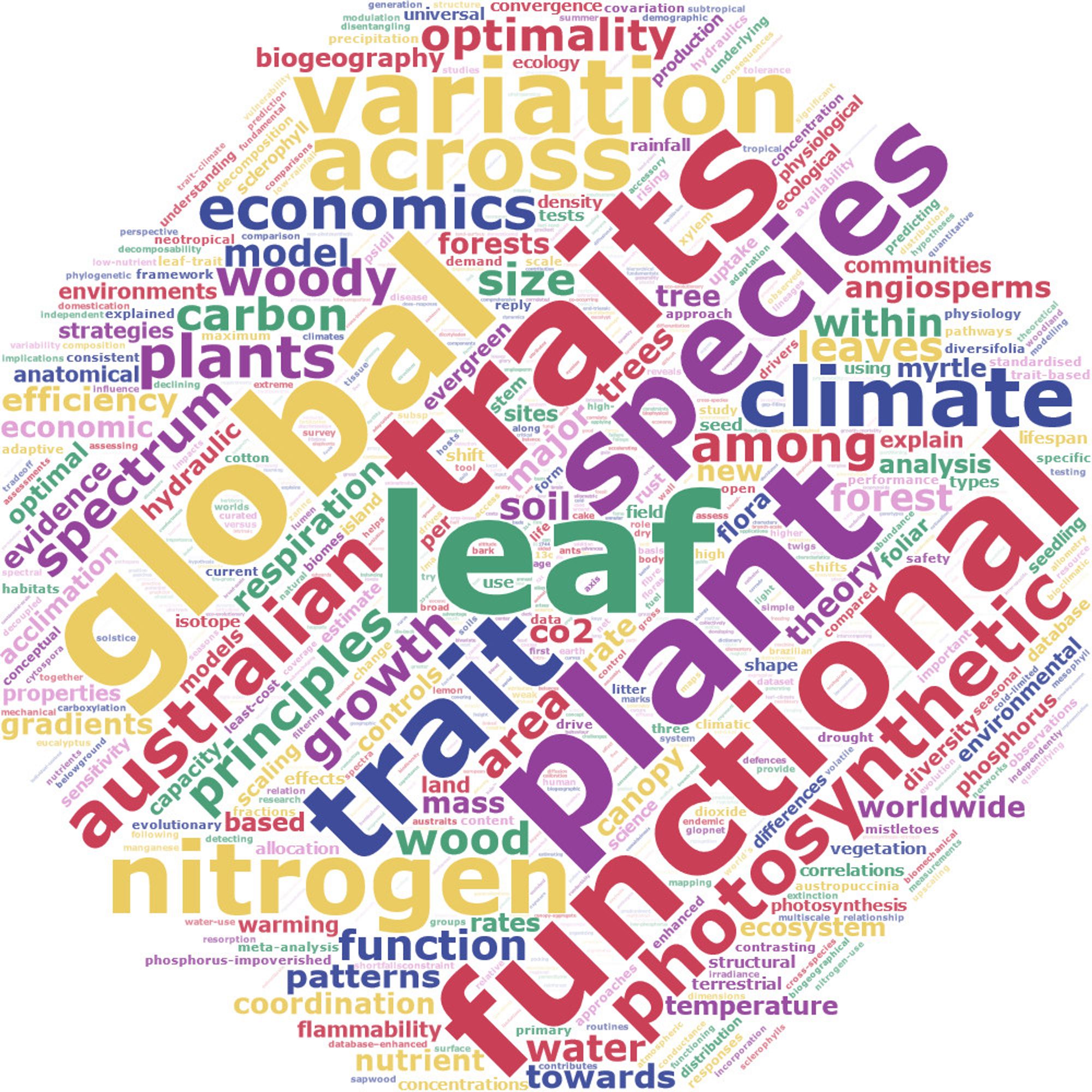 Word cloud based on my Google Scholar profile. Most prominent words include Global, Traits, Species, Plant and Functional