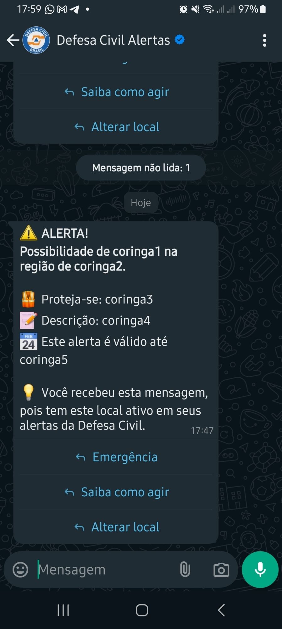 Print de WhatsApp da defesa Civil, em que os textos de alerta estão vazios, e deixaram a palavra "coringa" seguida de numeração, no lugar