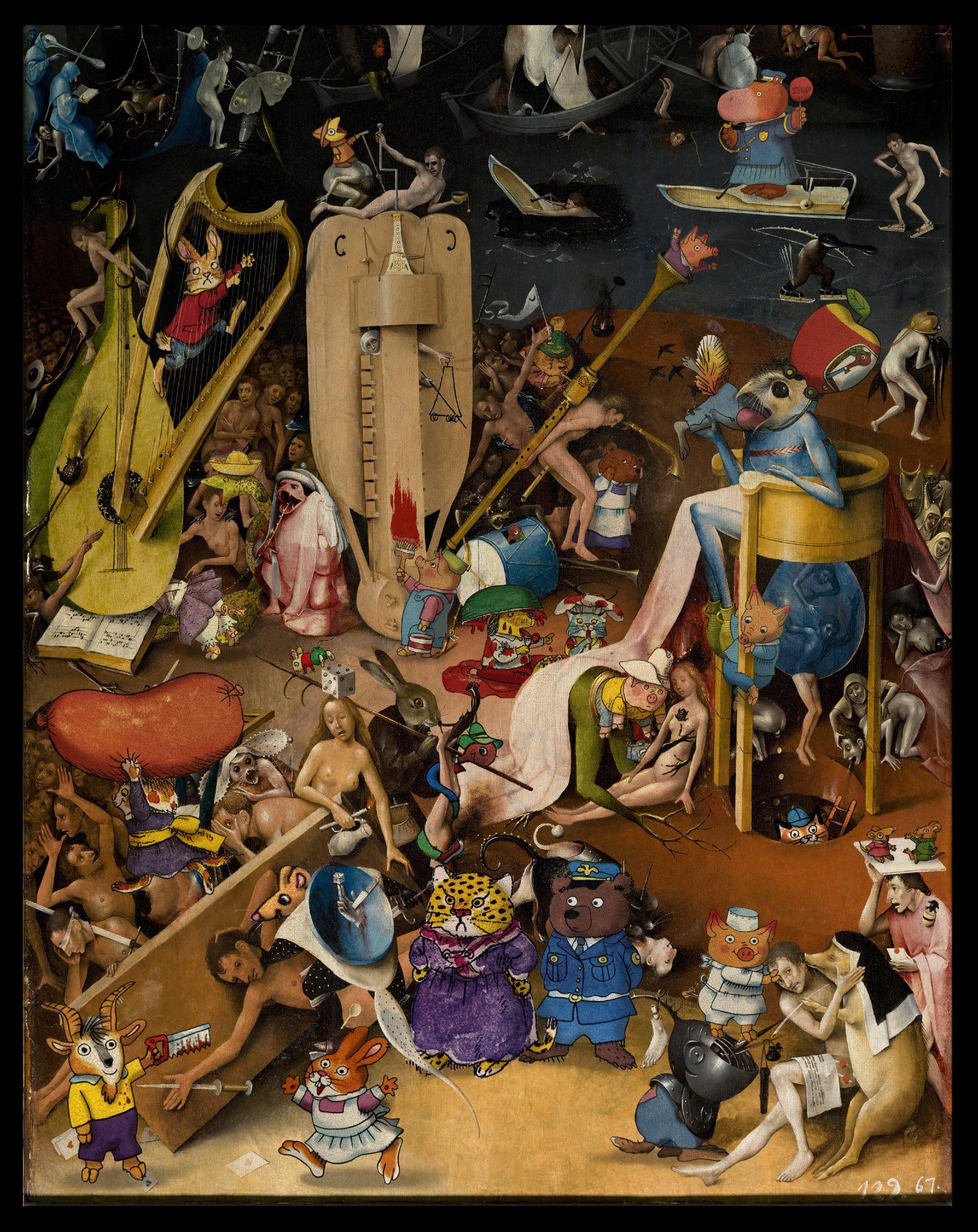 Various Scarry characters from the Busy Busy Town (etc) books carefully manipulated with tone and texture matching into the Hell panel of Bosch’s Garden of Earthly Delights.