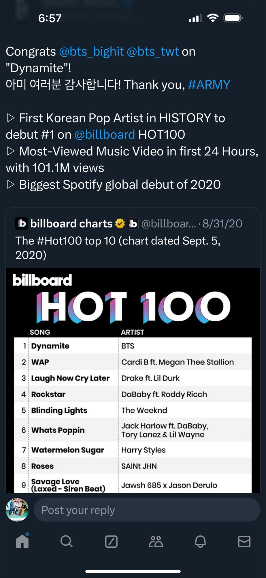 BTS hit #1 on BB Hot 100 with Dynamite.